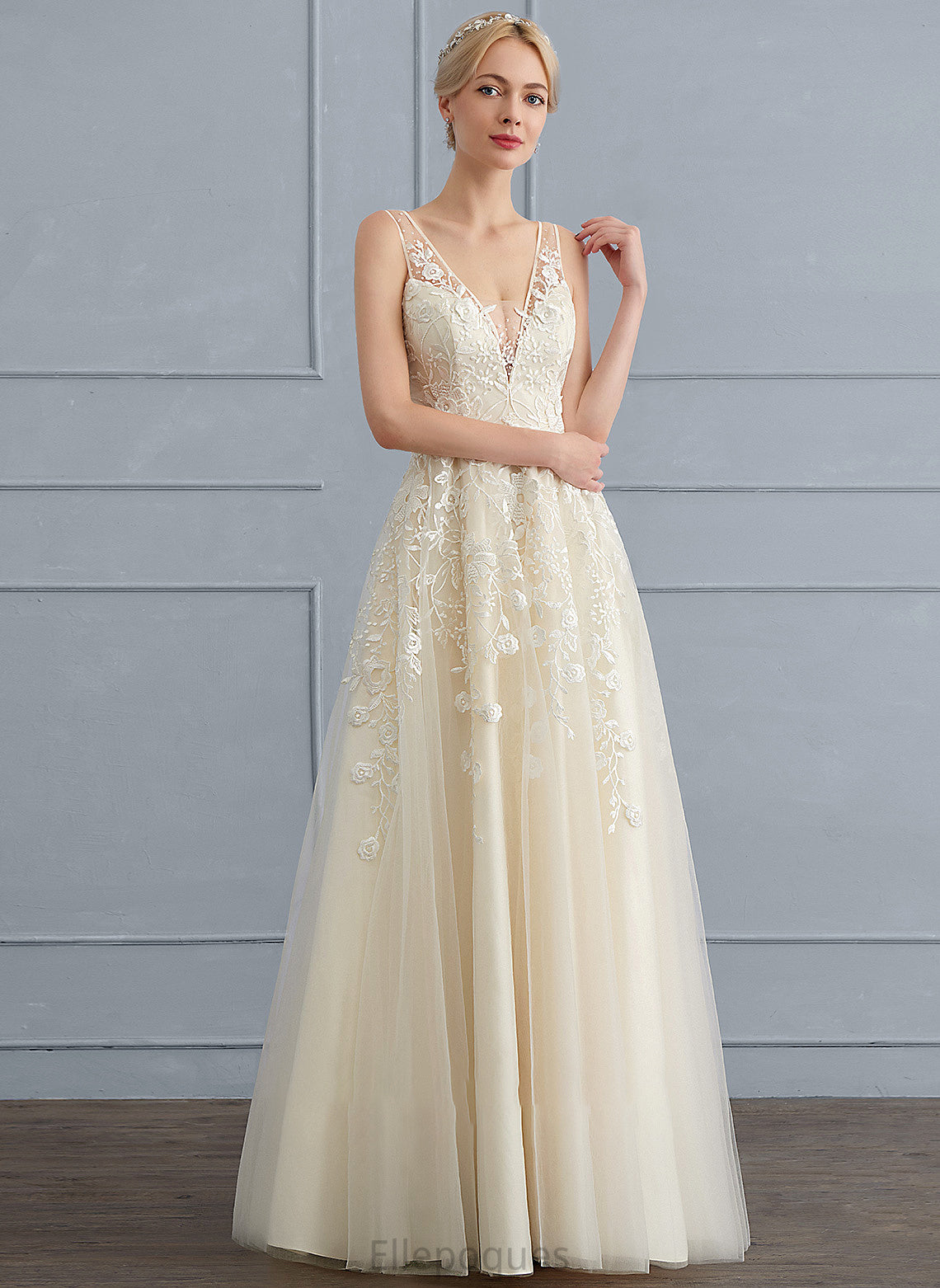 With Tulle Sequins Wedding Dress V-neck Wedding Dresses Alani A-Line Beading Floor-Length