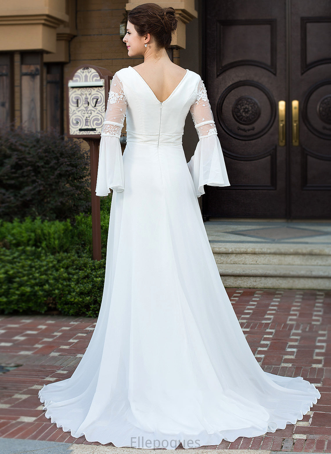 Court Beading Wedding Dresses Chiffon V-neck Train With Hadassah Lace Wedding A-Line Dress