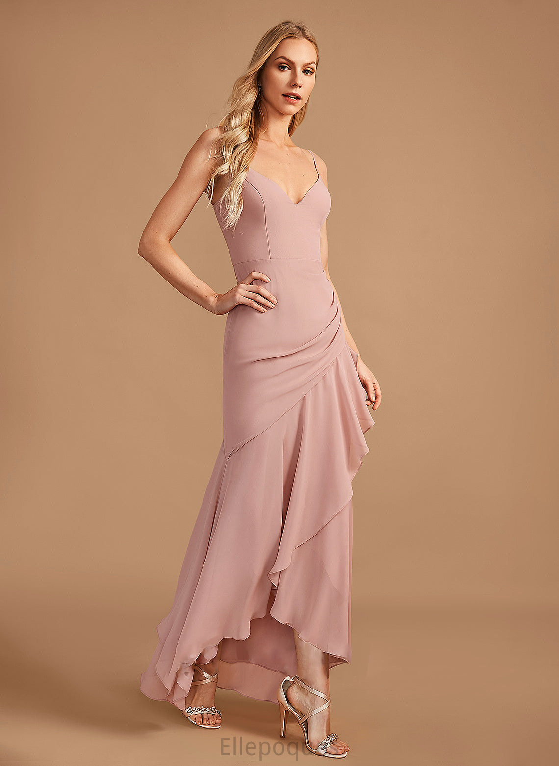 Trumpet/Mermaid Silhouette Asymmetrical Neckline Embellishment Ruffle Fabric V-neck Length Lexie V-Neck Sleeveless Bridesmaid Dresses