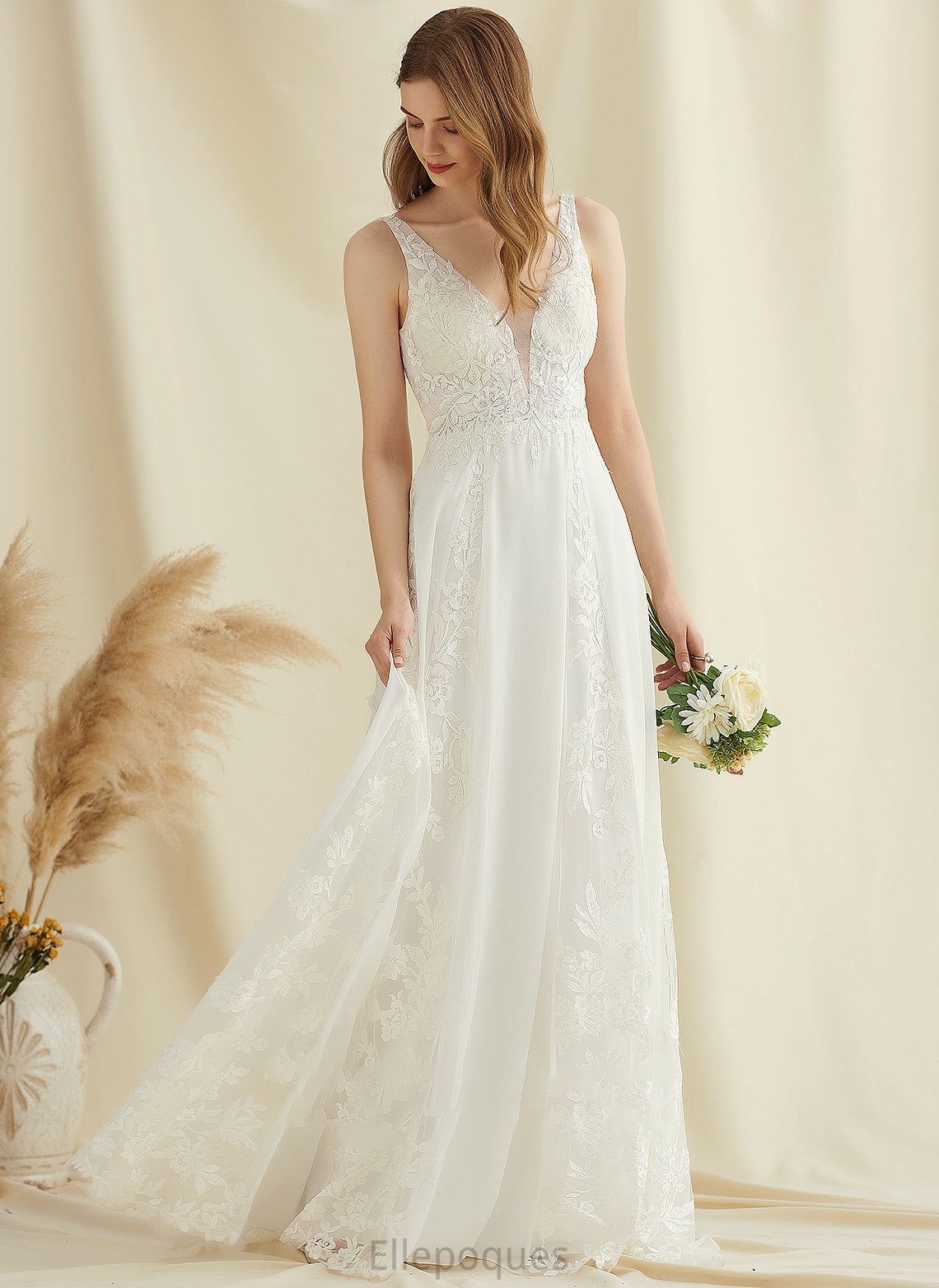 With Sequins A-Line Wedding Dress Wedding Dresses Train Chiffon Sweep Tabitha V-neck Lace