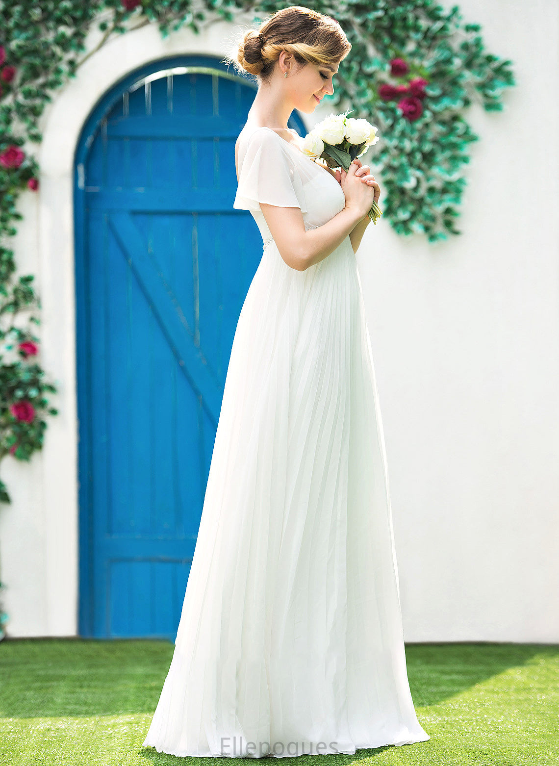 Floor-Length Beading Julissa Wedding With Pleated Wedding Dresses V-neck Chiffon Dress Empire