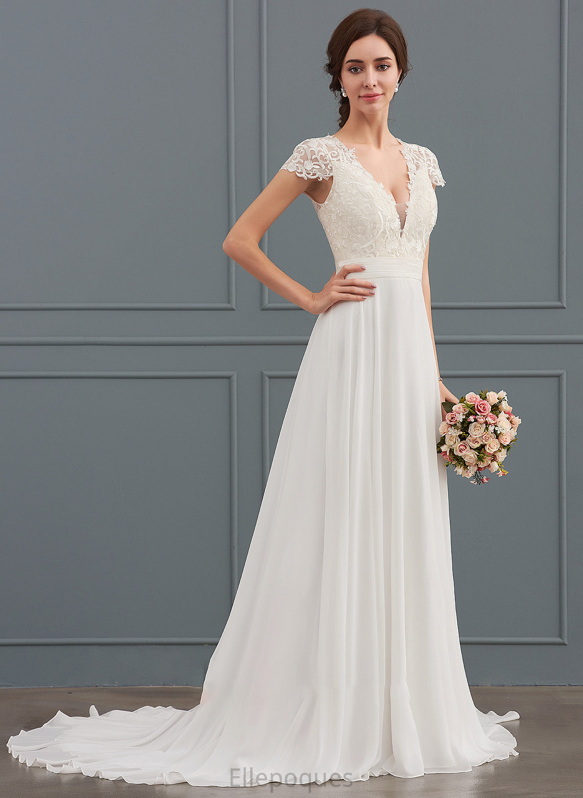 Dress A-Line Harmony Ruffle Train Wedding Chiffon V-neck With Wedding Dresses Sweep