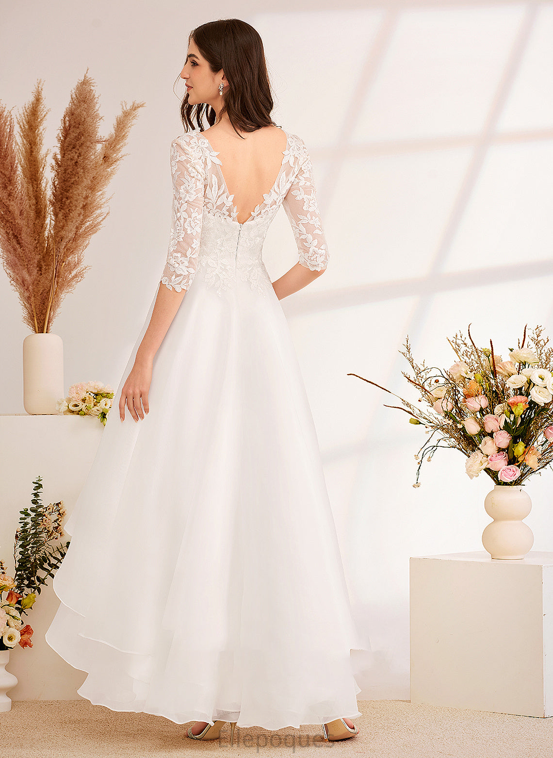 Beading V-neck With Sequins Dress Wedding Asymmetrical Elvira Wedding Dresses A-Line