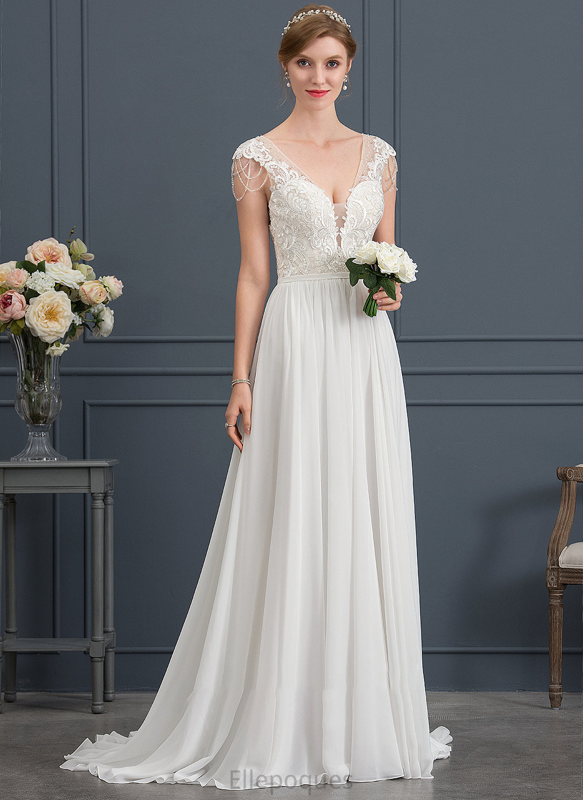 A-Line Wedding Dresses With Wedding Dress Train Beading Sweep Sequins Skyla Chiffon V-neck