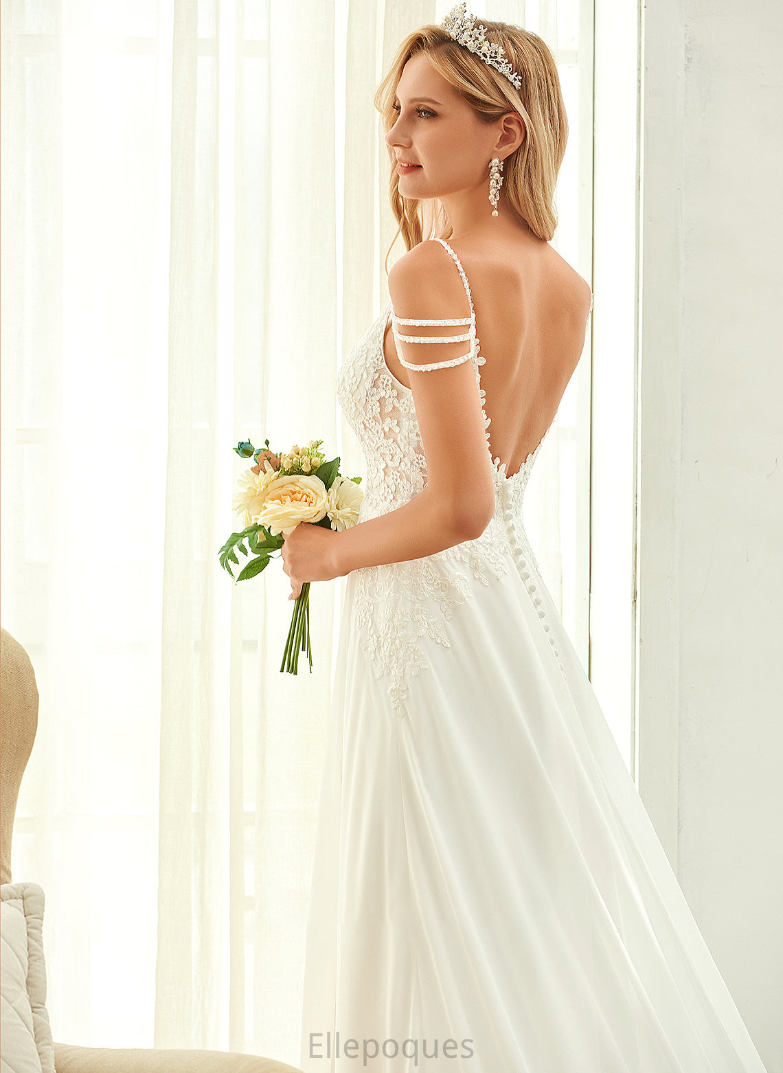 Beading Train Wedding V-neck Wedding Dresses Dress Sweep Sequins Gwendoline A-Line Lace With Chiffon