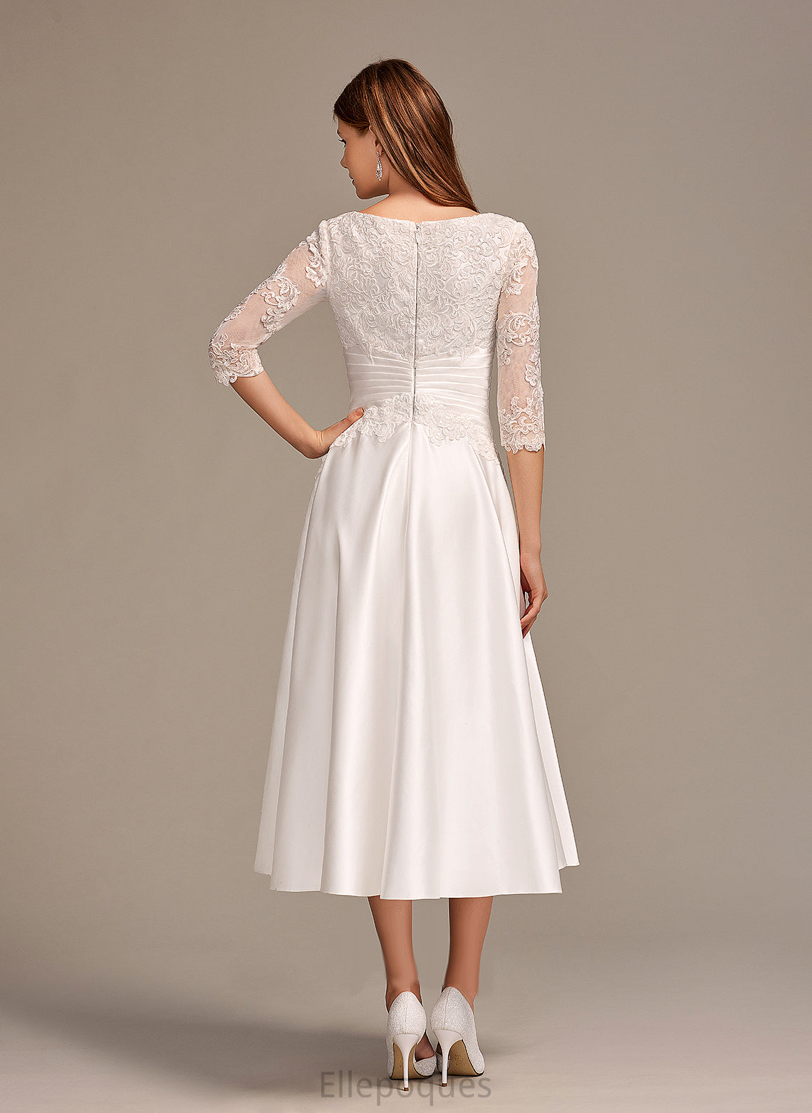 Neck Satin A-Line Wedding Dresses Tea-Length Carlie Dress Scoop With Pockets Wedding Lace