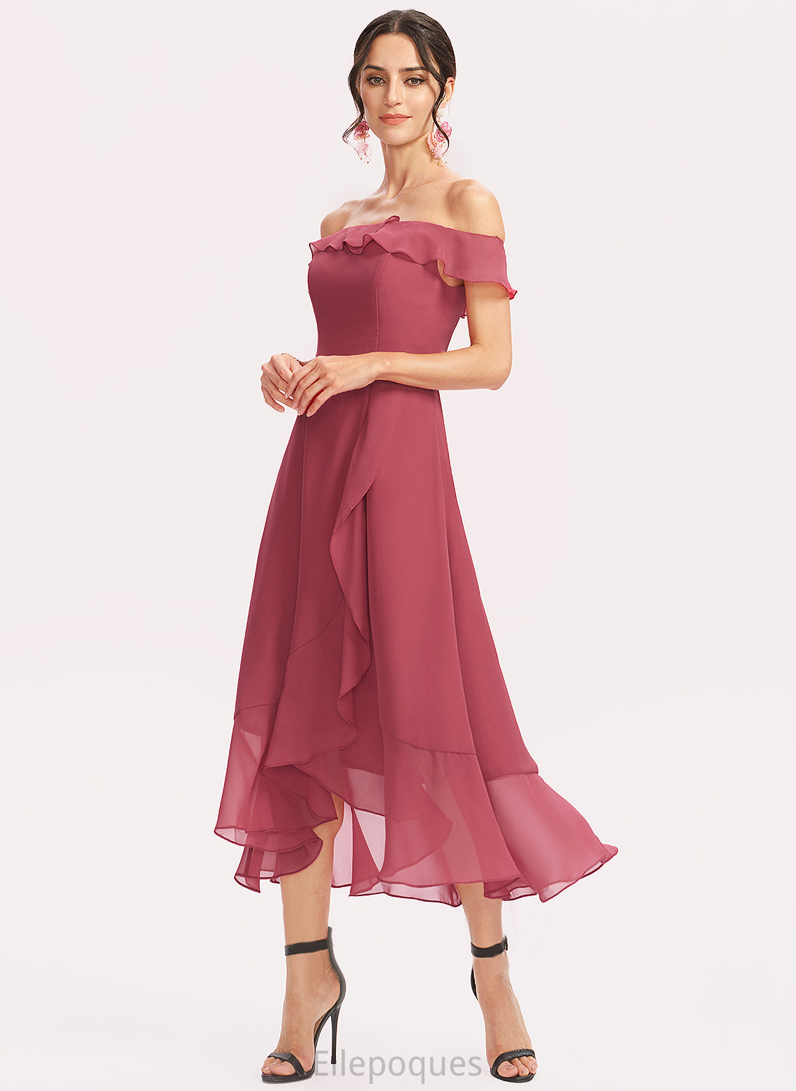 Length A-Line Off-the-Shoulder Tea-Length Fabric Embellishment Neckline Silhouette CascadingRuffles Ashleigh Spaghetti Staps Trumpet/Mermaid Bridesmaid Dresses