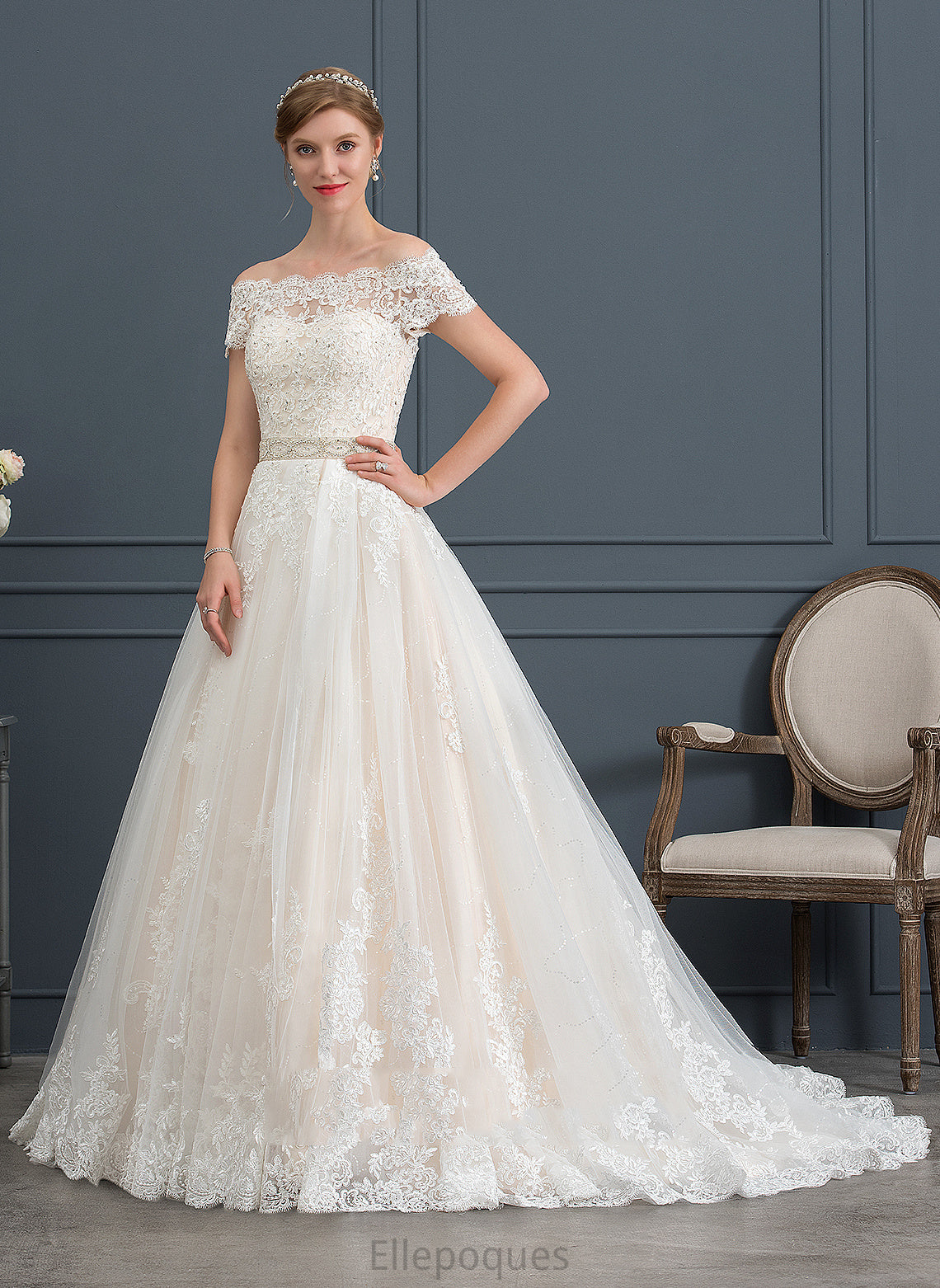 Beading Wedding Dress With Tori Ball-Gown/Princess Wedding Dresses Tulle Sequins Off-the-Shoulder Train Lace Court