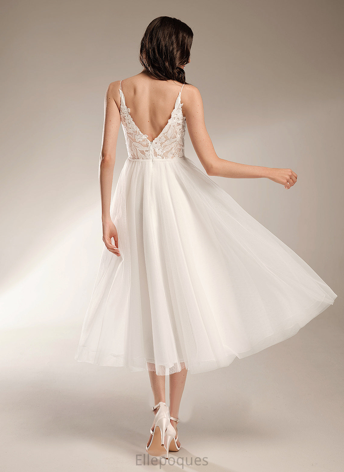 Tea-Length Dress Amaya A-Line Lace V-neck Wedding Wedding Dresses Tulle