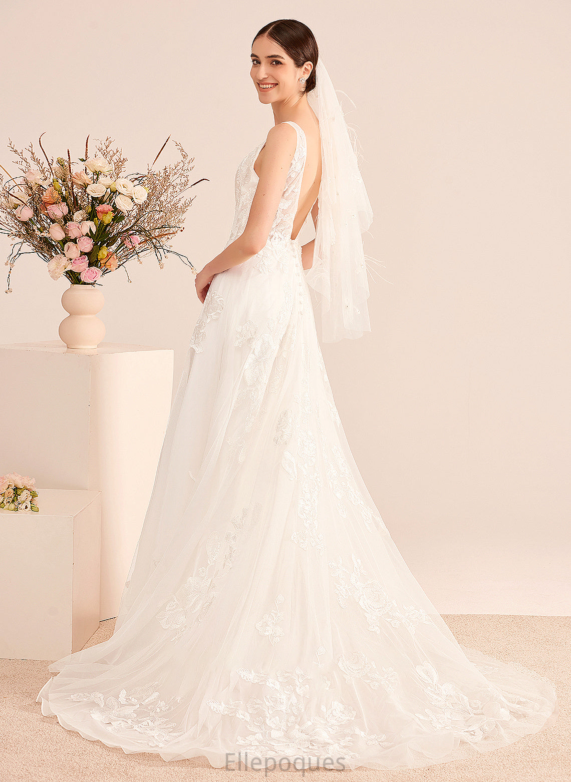 A-Line Lace With Wedding Train Luna Court Dress Wedding Dresses V-neck