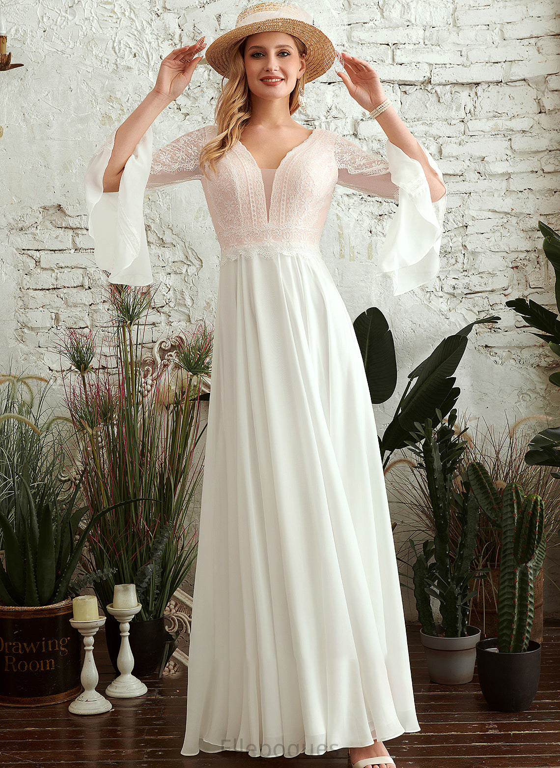 Floor-Length Keely V-neck Wedding Dress Wedding Dresses A-Line