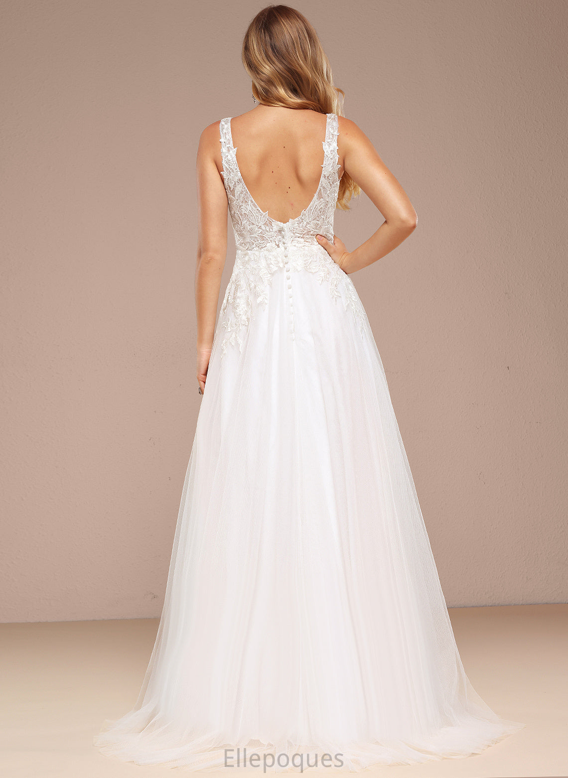 Lace Sweep Wedding Sequins Wedding Dresses With A-Line Elvira Dress Train V-neck Tulle