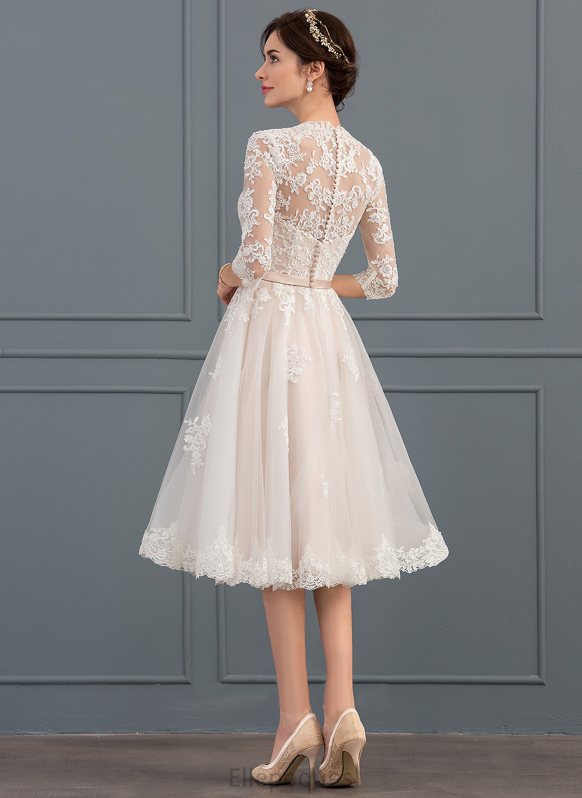 With Lace Wedding Bow(s) Wedding Dresses Mina A-Line Dress V-neck Tulle Knee-Length