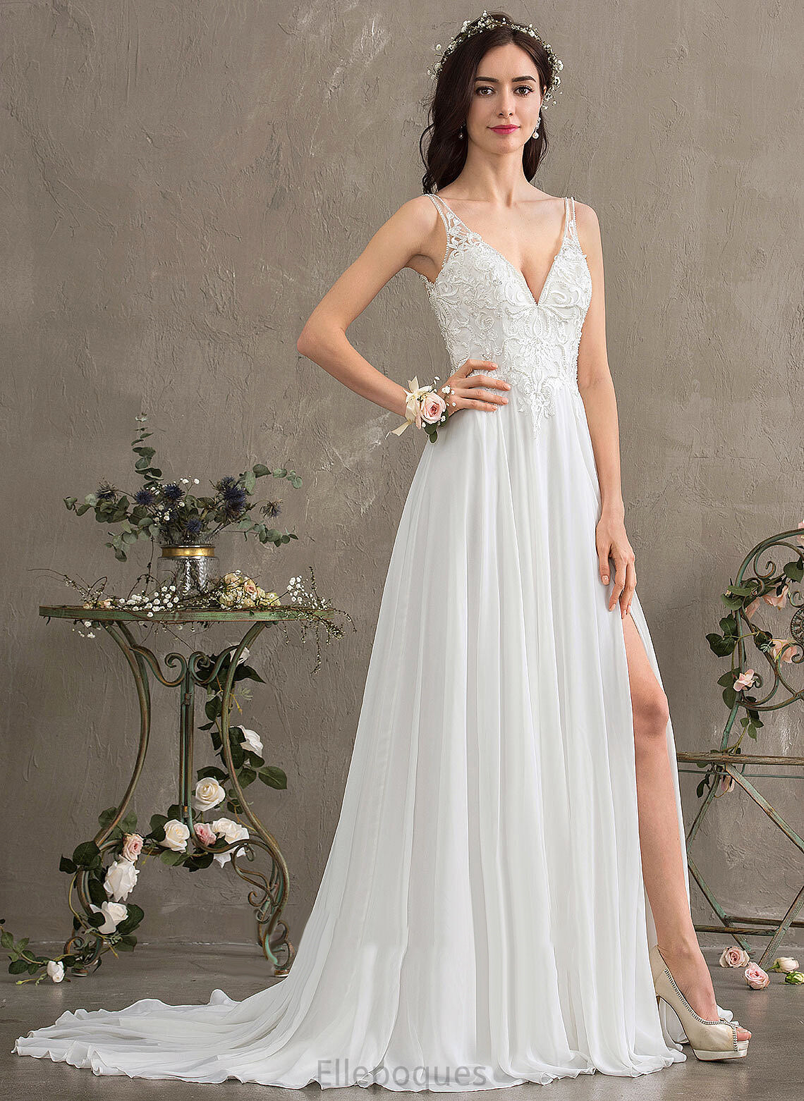 Lace Dress Sofia V-neck Chiffon With Beading Train Sequins A-Line Split Front Sweep Wedding Dresses Wedding