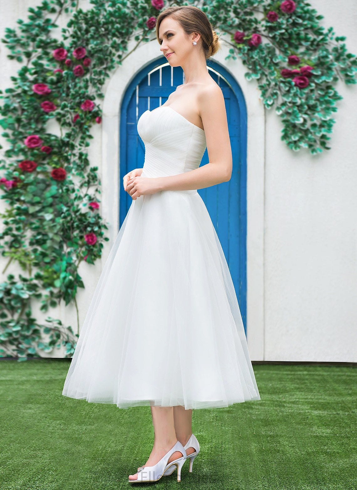 With Dress A-Line Ruffle Sweetheart Tulle Wedding Dresses Tea-Length Wedding Cadence