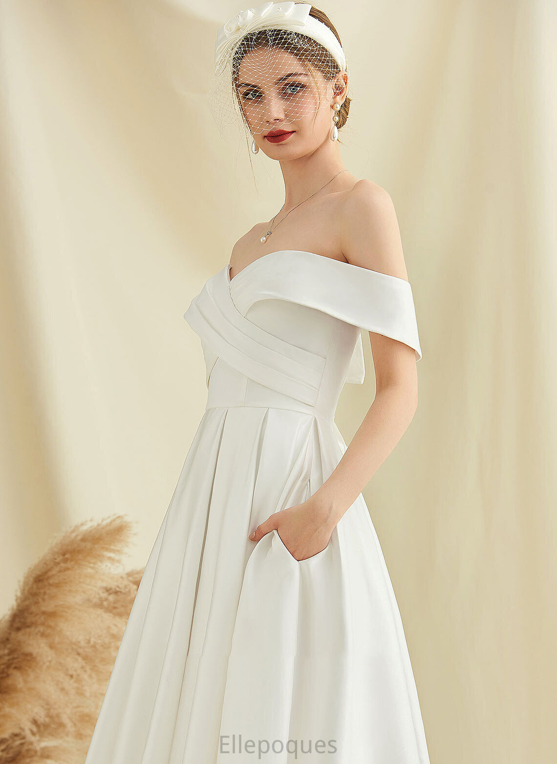 A-Line Tea-Length Pockets Satin Dress With Phyllis Wedding Dresses Wedding