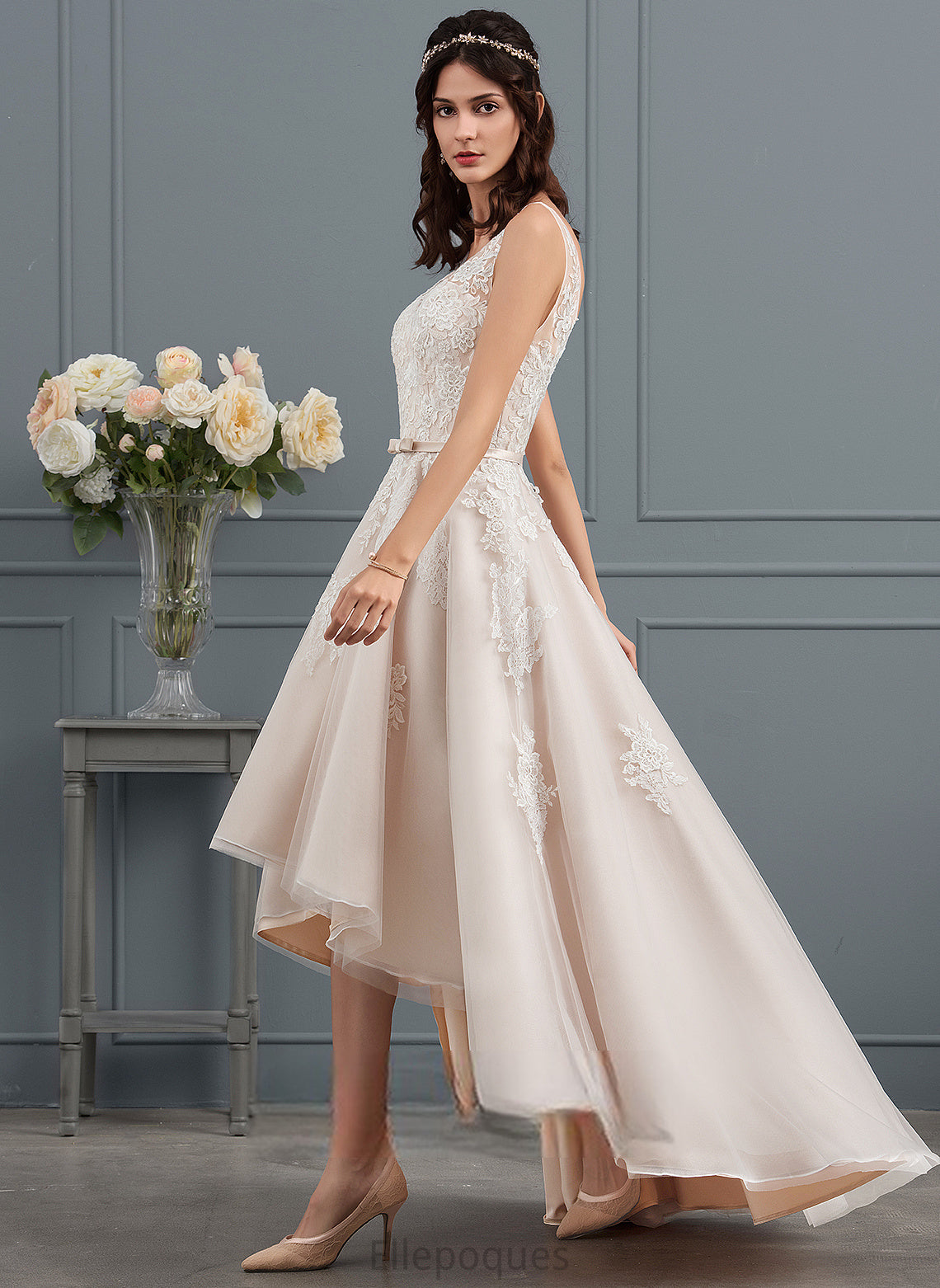 Dress A-Line Bow(s) With Lace Tulle Halle V-neck Wedding Asymmetrical Satin Wedding Dresses