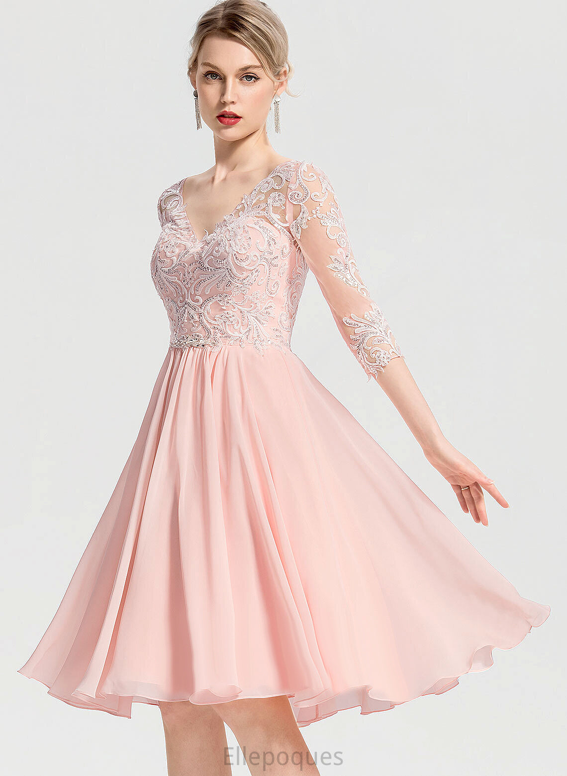 Wedding Chiffon A-Line Lace Knee-Length Dress V-neck Wedding Dresses With Hana Beading