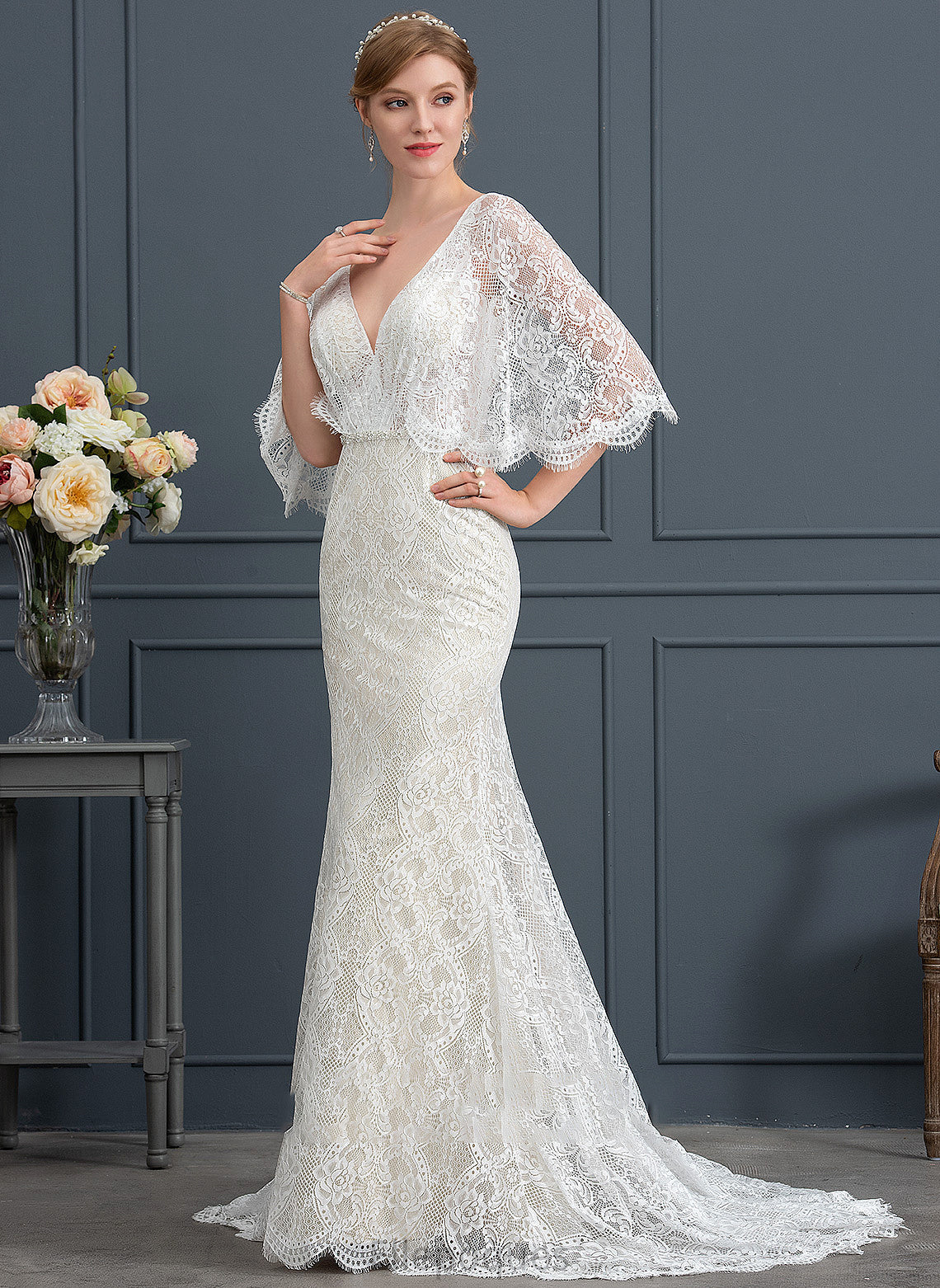 With Frances V-neck Lace Beading Sweep Sequins Train Wedding Dresses Dress Wedding Trumpet/Mermaid