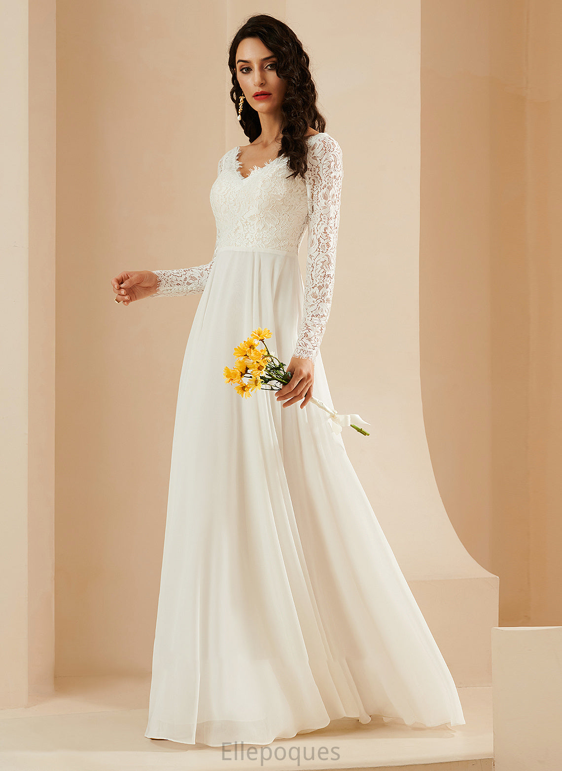 Wedding Dresses A-Line Selena Lace With Wedding Train Sweep V-neck Dress