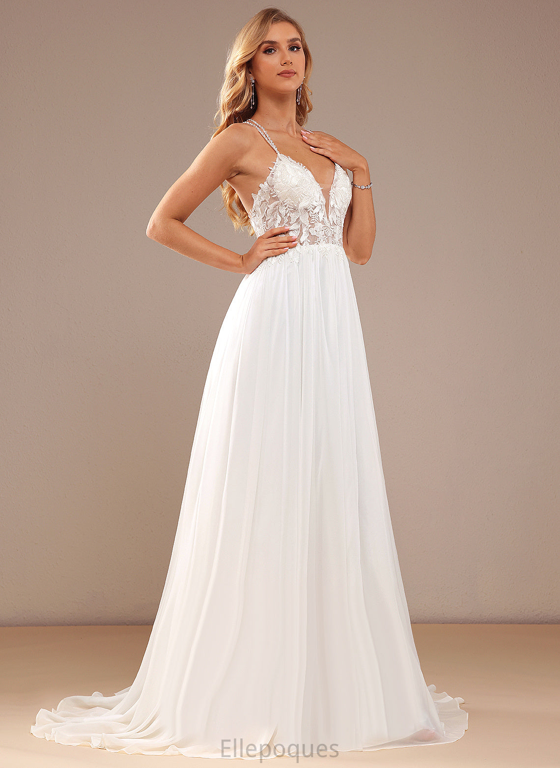 A-Line Wedding Dresses Sweep Dress Train Chiffon With V-neck Beading Sequins Paityn Wedding Lace