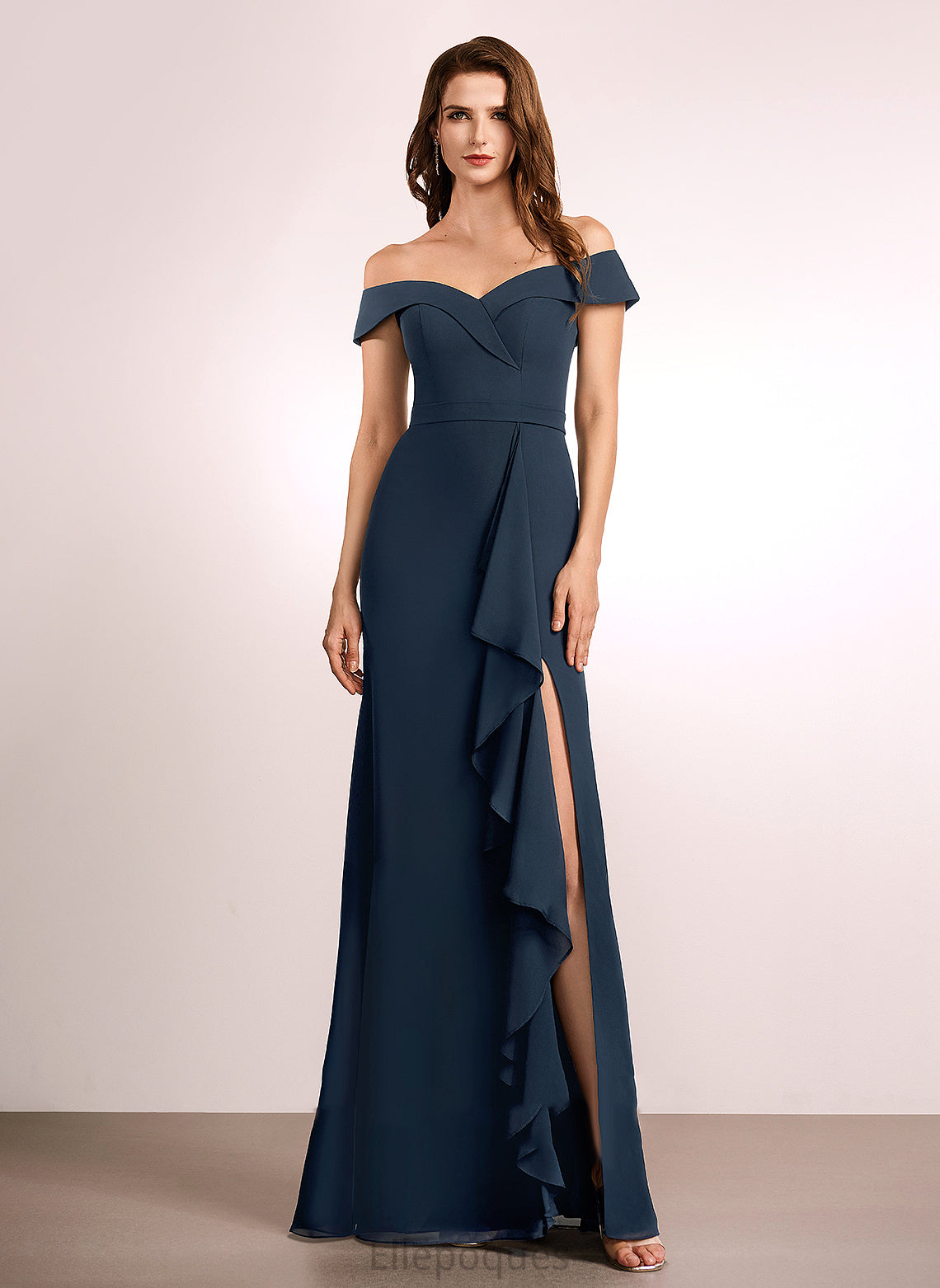 Embellishment Ruffle Neckline A-Line Off-the-Shoulder Fabric Floor-Length Silhouette Length Elisa Trumpet/Mermaid Velvet Bridesmaid Dresses