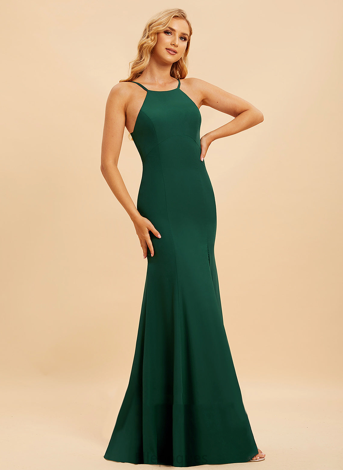 Embellishment Floor-Length HighNeck Neckline SplitFront Trumpet/Mermaid Length Silhouette Fabric Maia Sleeveless Natural Waist Bridesmaid Dresses