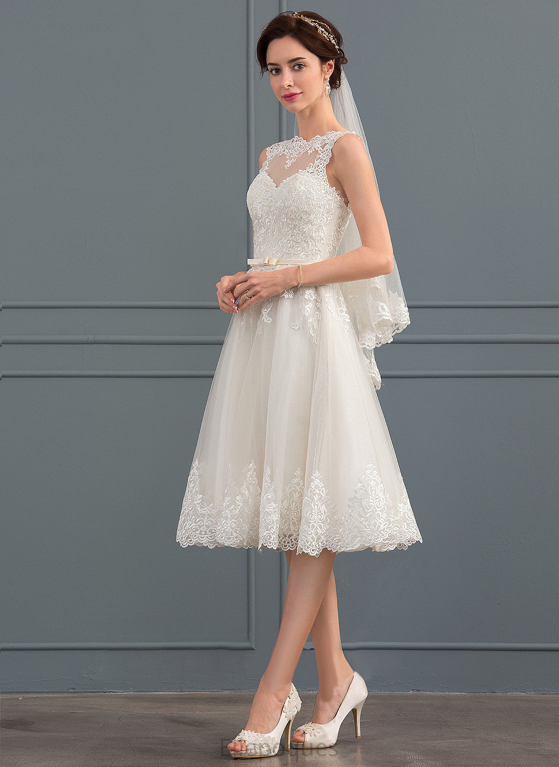 Dress Addyson Lace With Bow(s) Knee-Length Illusion Wedding Tulle Satin A-Line Wedding Dresses