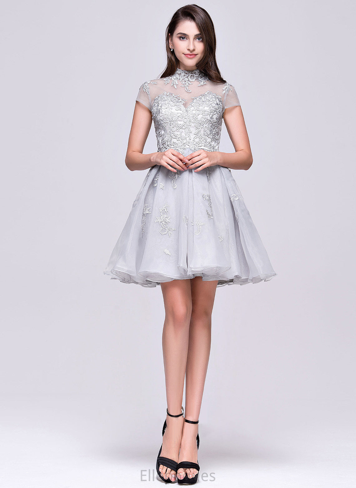 Homecoming Tulle Organza Short/Mini Lace Leticia A-Line With Appliques Neck High Homecoming Dresses Lace Dress