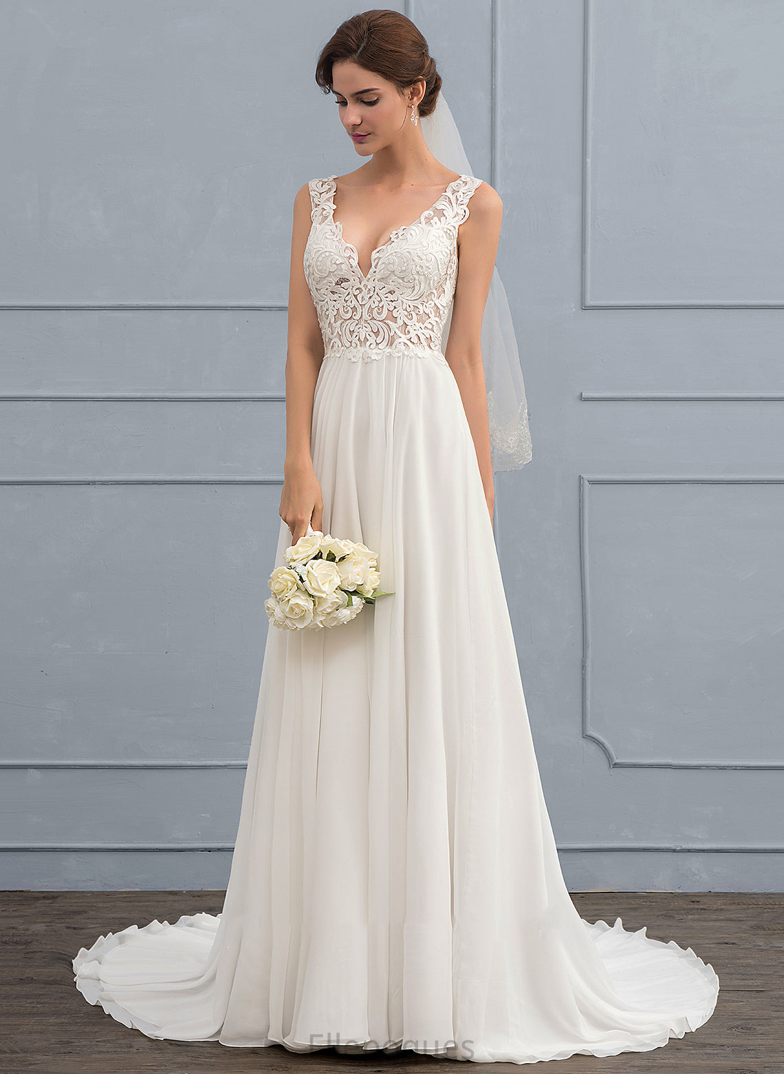 Court Train V-neck A-Line Dress Wedding Dresses Madeleine Wedding Chiffon