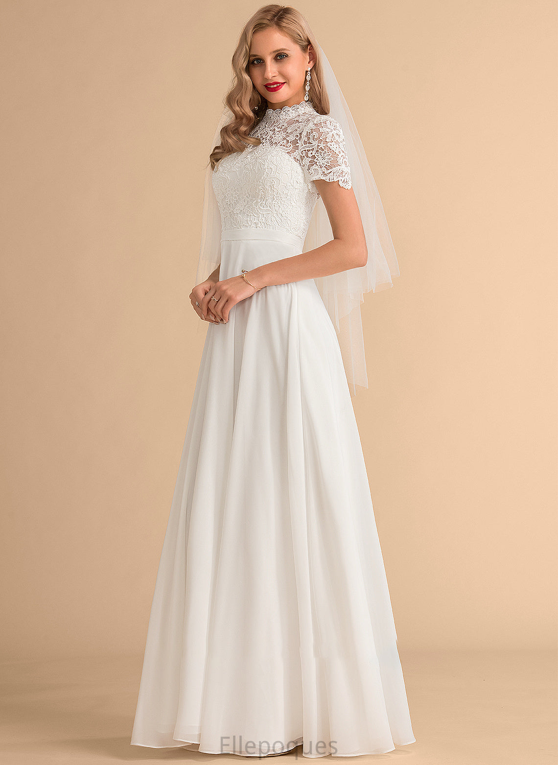 Dress Gretchen Floor-Length Wedding Dresses Neck High A-Line Wedding Chiffon Lace