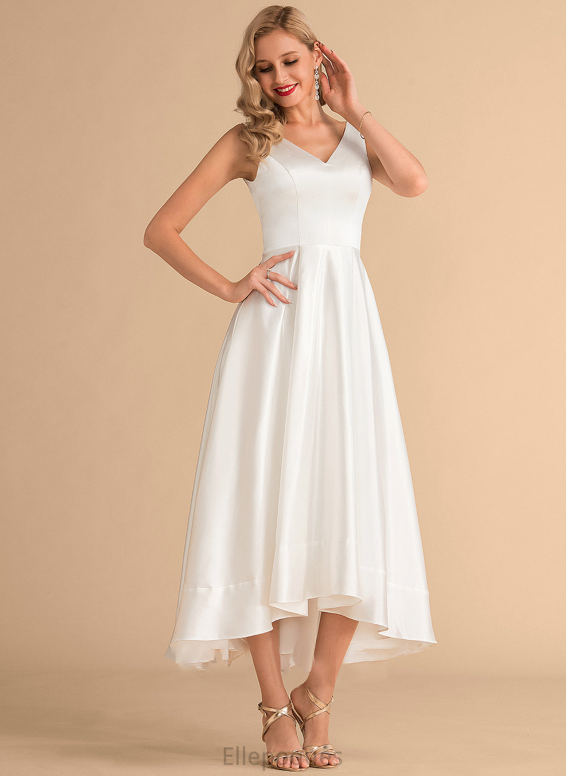 Satin Asymmetrical A-Line Dress Julia V-neck Wedding Wedding Dresses