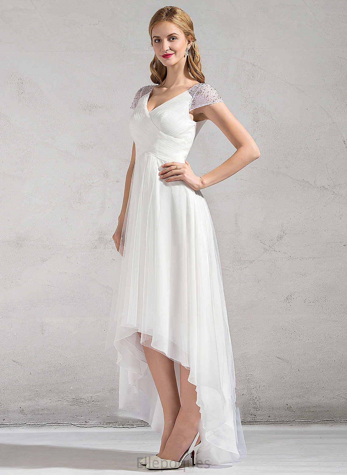 Samara Tulle Dress A-Line Wedding Dresses Ruffle Beading Sequins Wedding With V-neck Asymmetrical