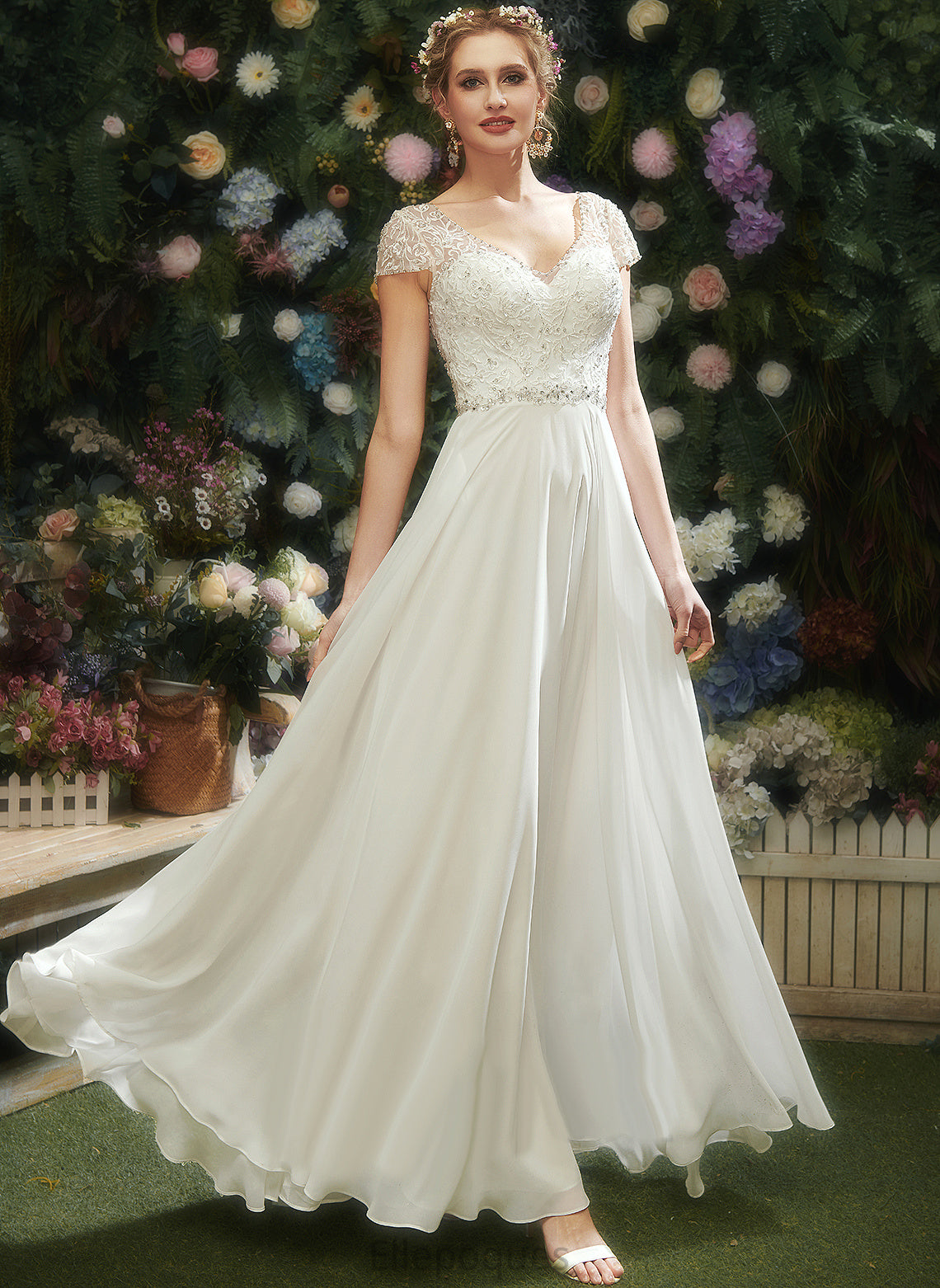 Chiffon V-neck Katharine Wedding Dresses Sequins Wedding Dress A-Line Floor-Length Beading Lace With