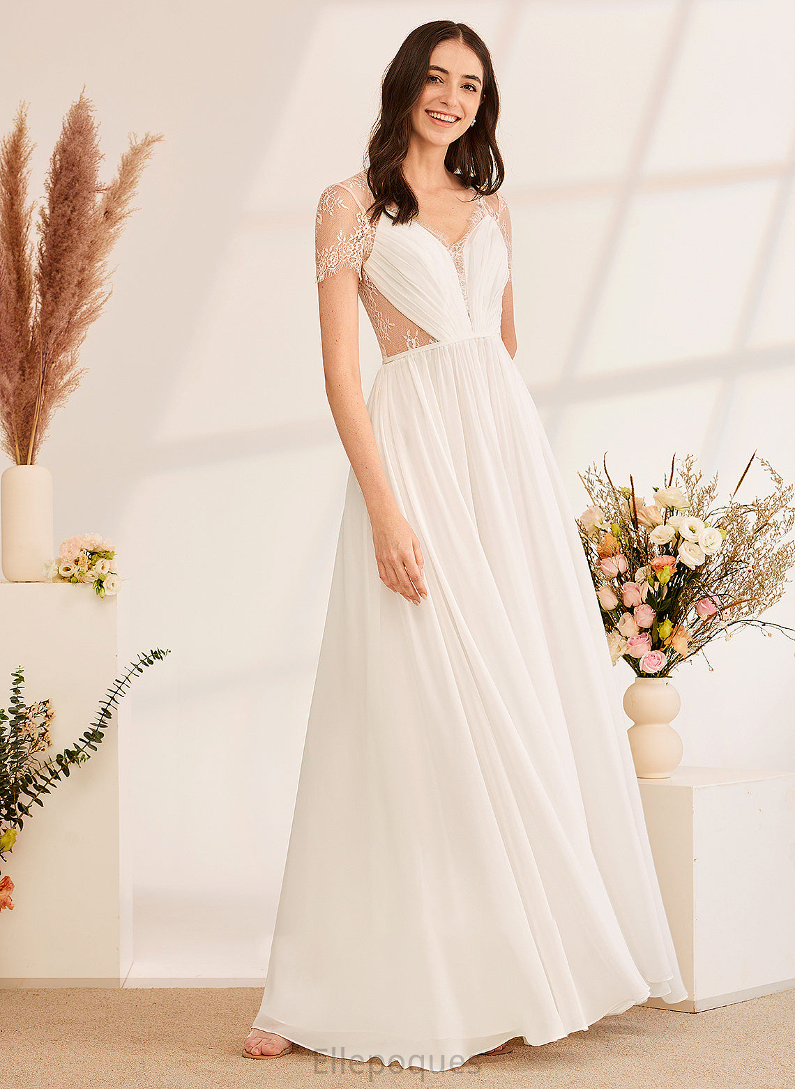 Setlla A-Line V-neck Wedding Dresses Wedding With Dress Floor-Length Ruffle