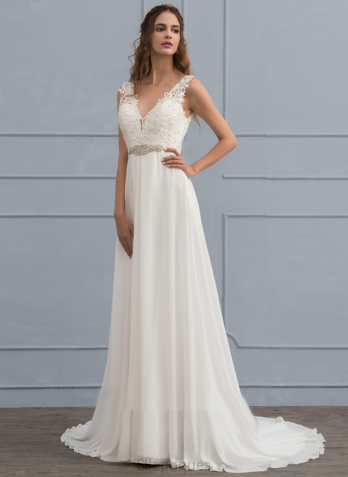 Beading Sequins V-neck Chiffon Dress With Wedding Dresses Train Arianna Lace Wedding Court A-Line