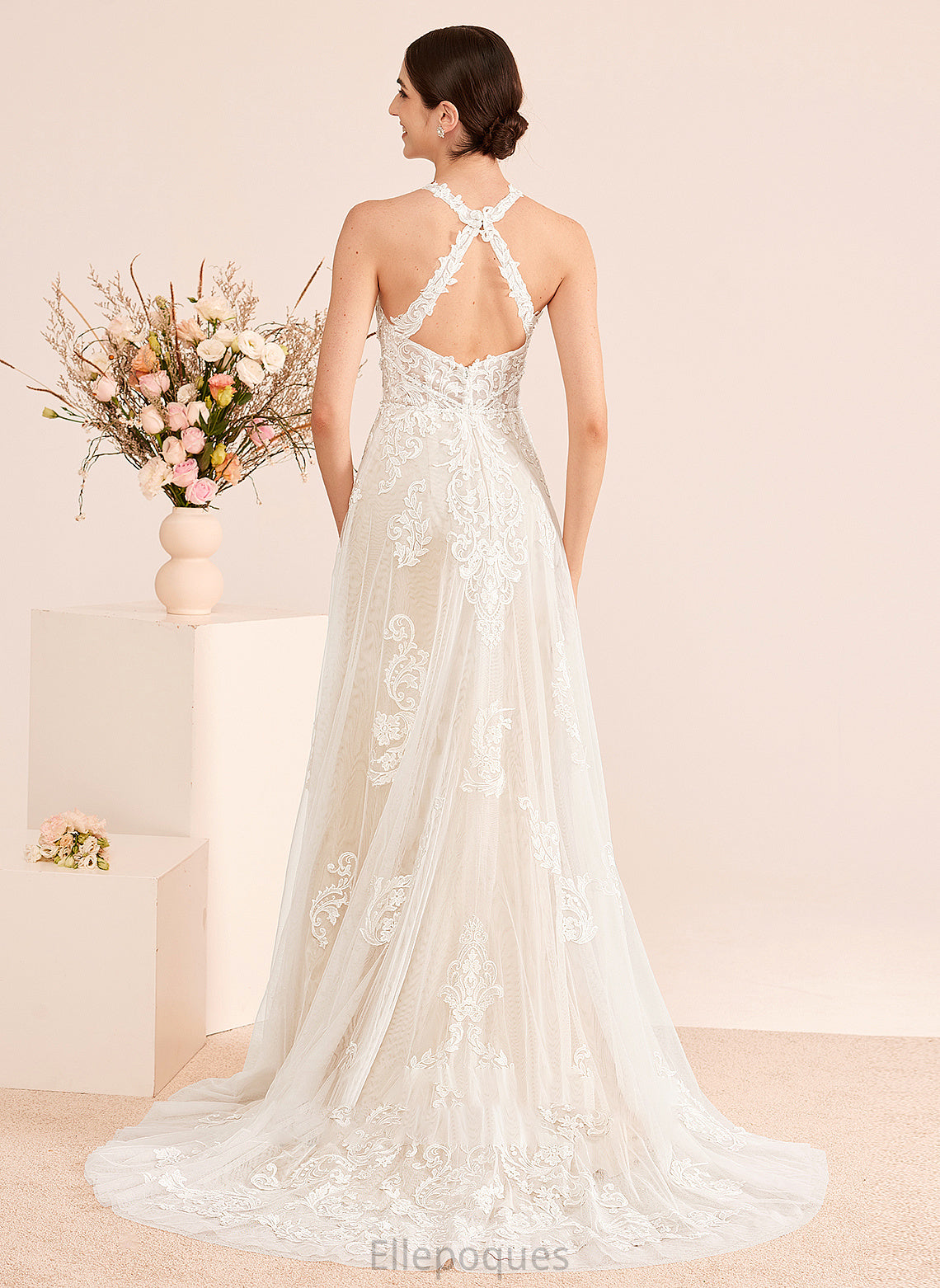 Neck Wedding Dresses Beading A-Line High Dress Train Lucy Wedding With Court