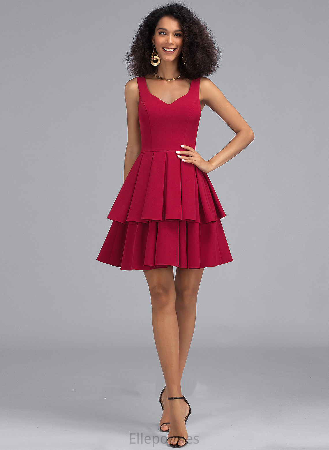 Homecoming Dresses A-Line Dress Crepe Cascading Ruffles With V-neck Stretch Homecoming Short/Mini Desirae