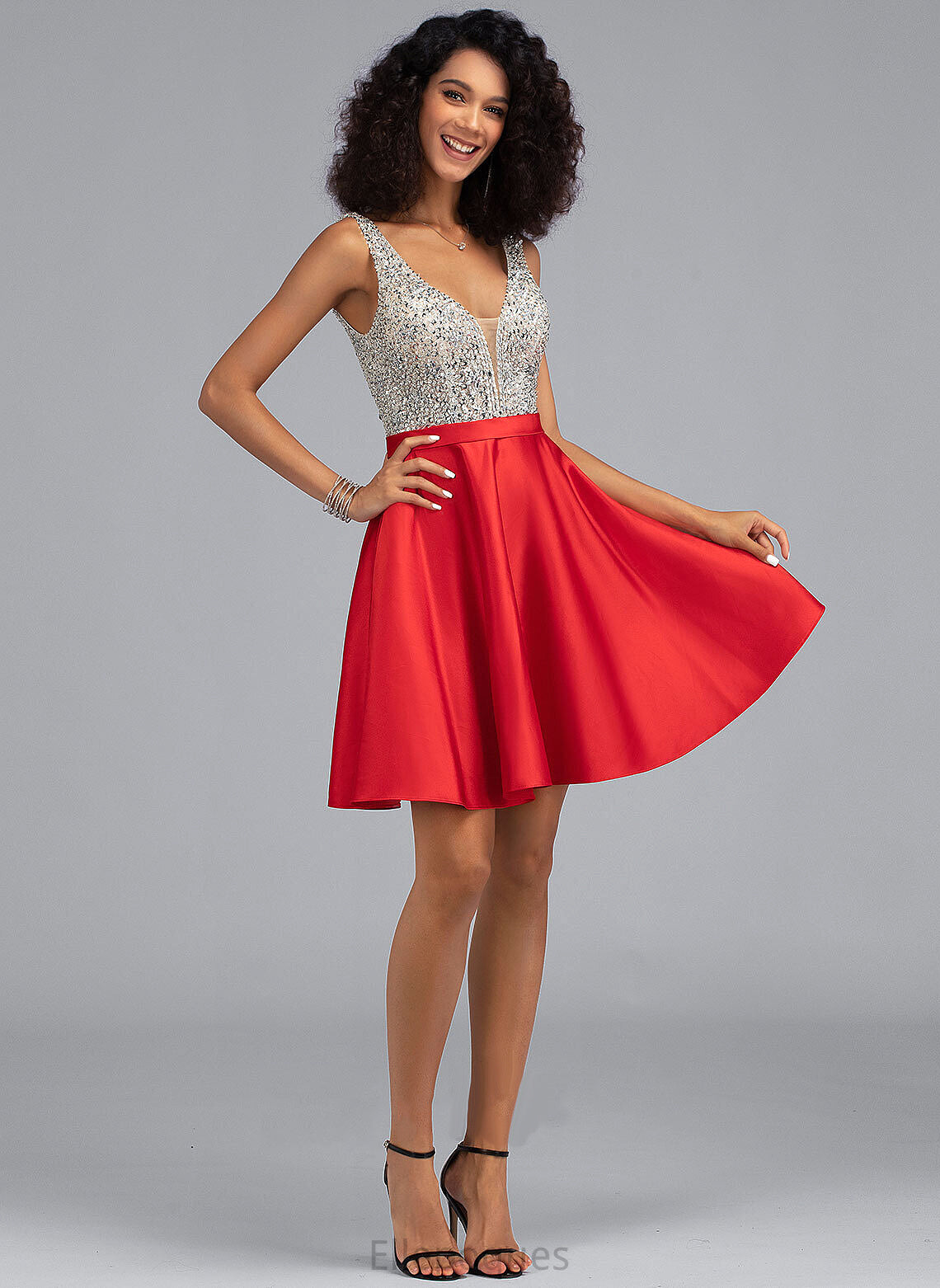 V-neck Dress A-Line Homecoming With Lucia Short/Mini Satin Homecoming Dresses Sequins Beading Pockets