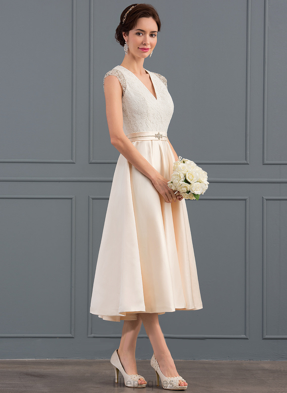 Sequins V-neck A-Line Tea-Length Kaylen Dress Wedding With Wedding Dresses Beading Satin