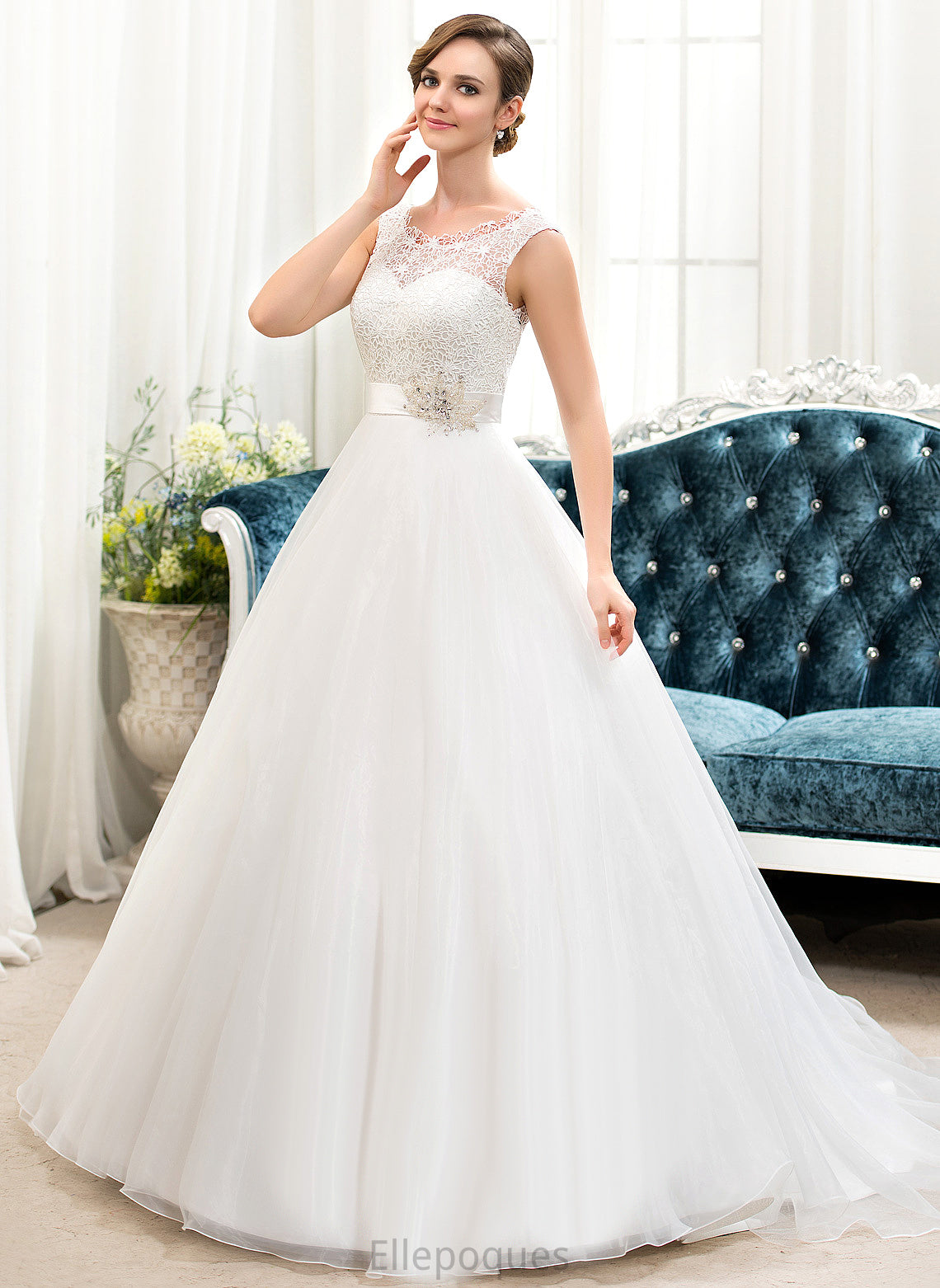 Piper Satin Wedding Dresses Organza Beading Ball-Gown/Princess Lace With Sweep Dress Wedding Sequins Train