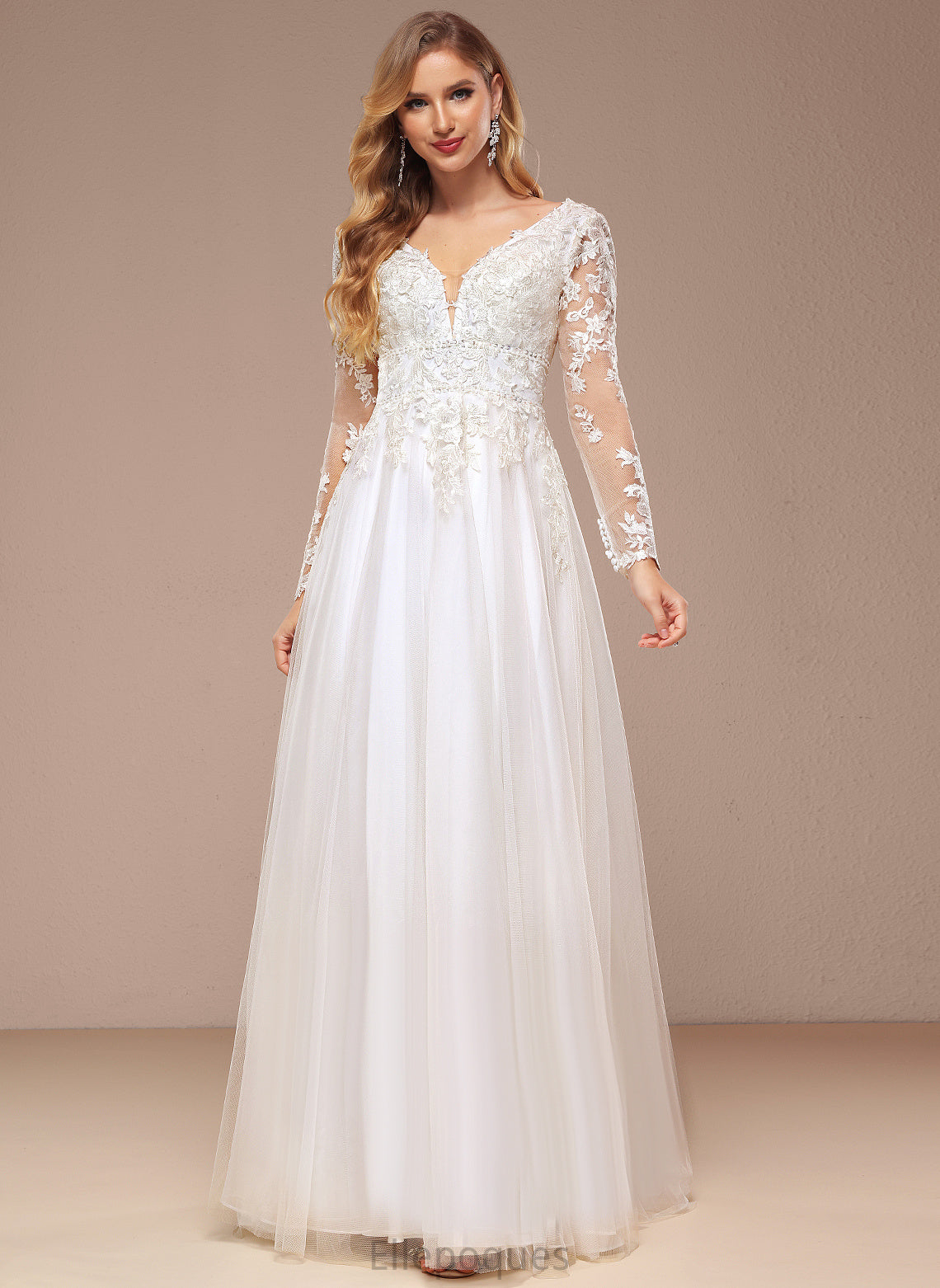 A-Line Dress Tulle Lace V-neck With Layla Sequins Floor-Length Wedding Dresses Beading Wedding