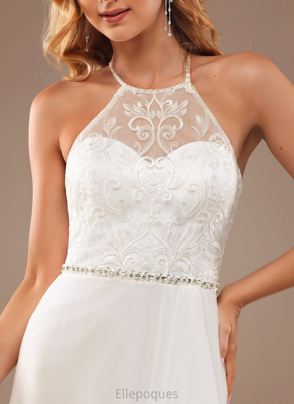 Sweep Wedding Dresses With Neck Train Sequins Lace Sydnee High Wedding A-Line Chiffon Beading Dress Lace