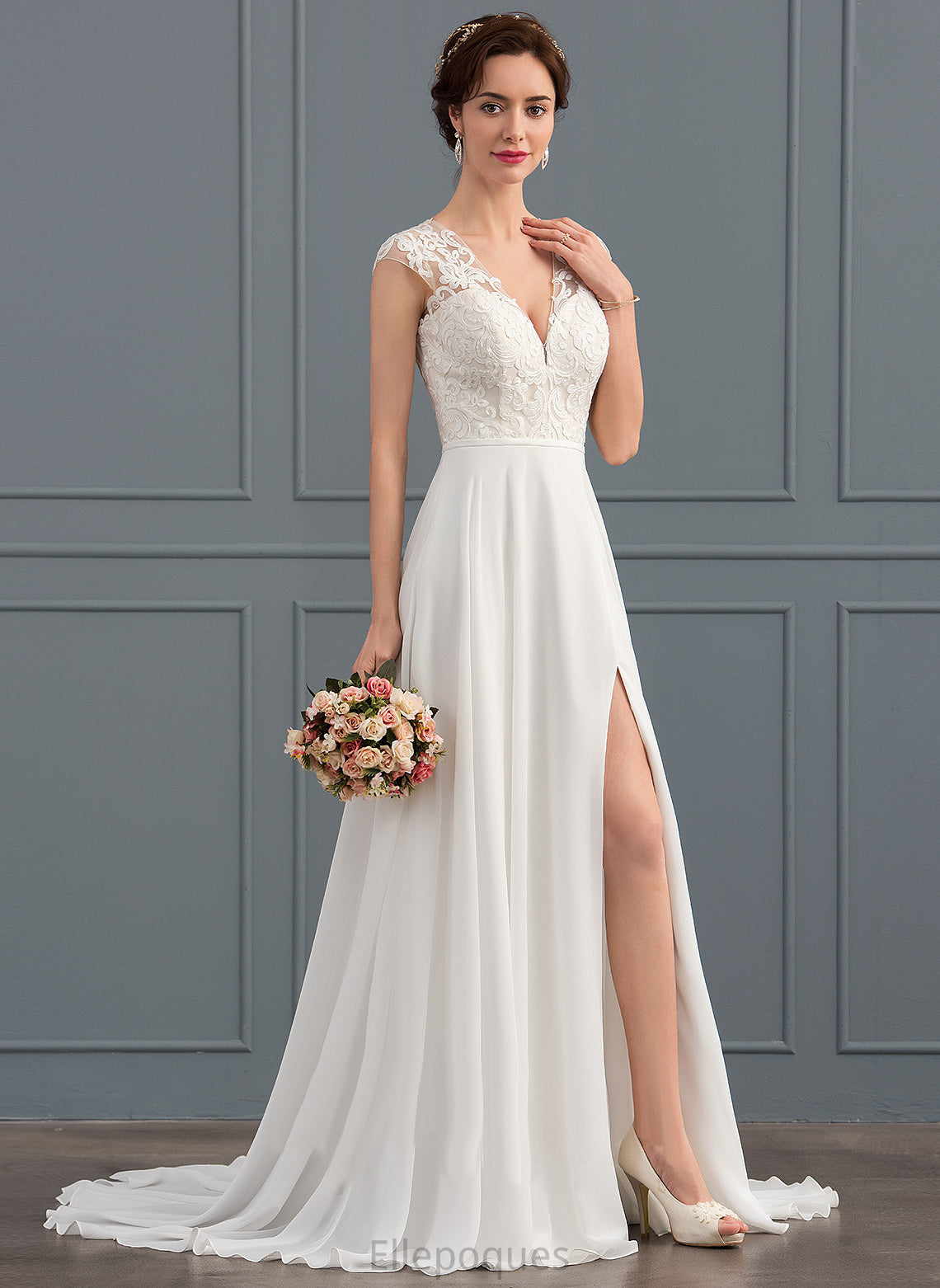 Train Sweep Wedding Chiffon Split With Wedding Dresses Heaven A-Line Front V-neck Dress Lace