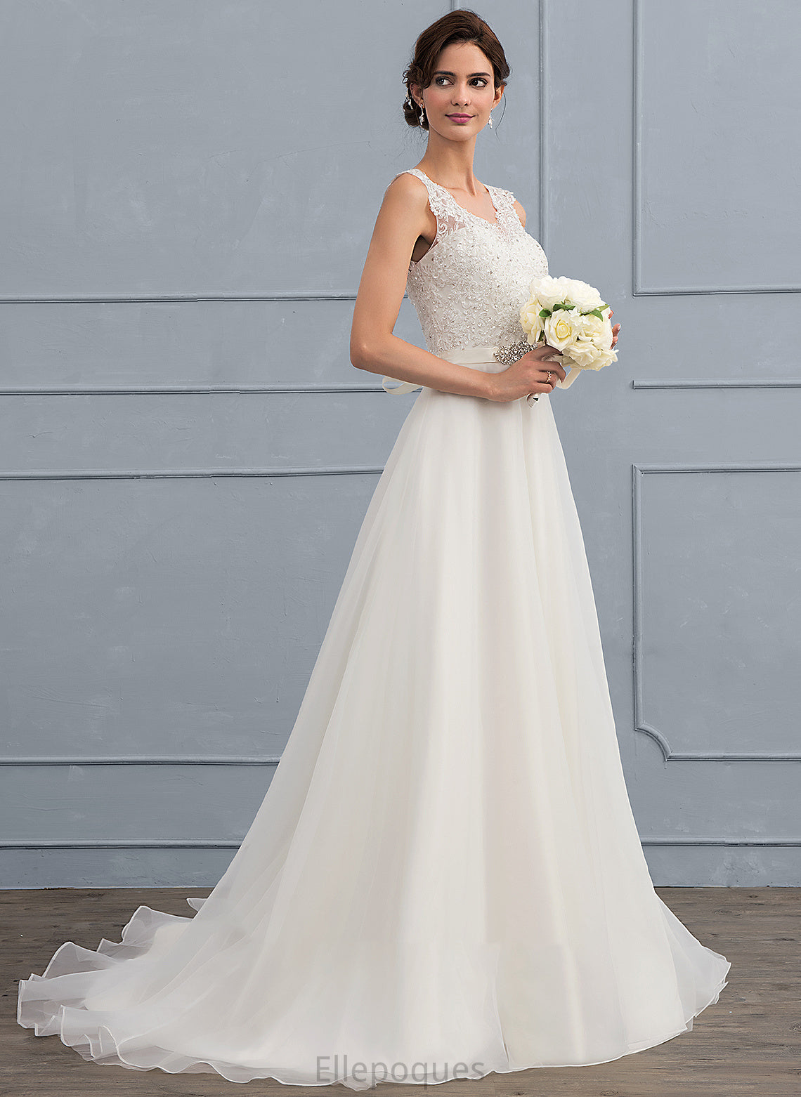 Wedding Dresses Beading With Sweep A-Line Organza V-neck Wedding Dress Bow(s) Cheyenne Train