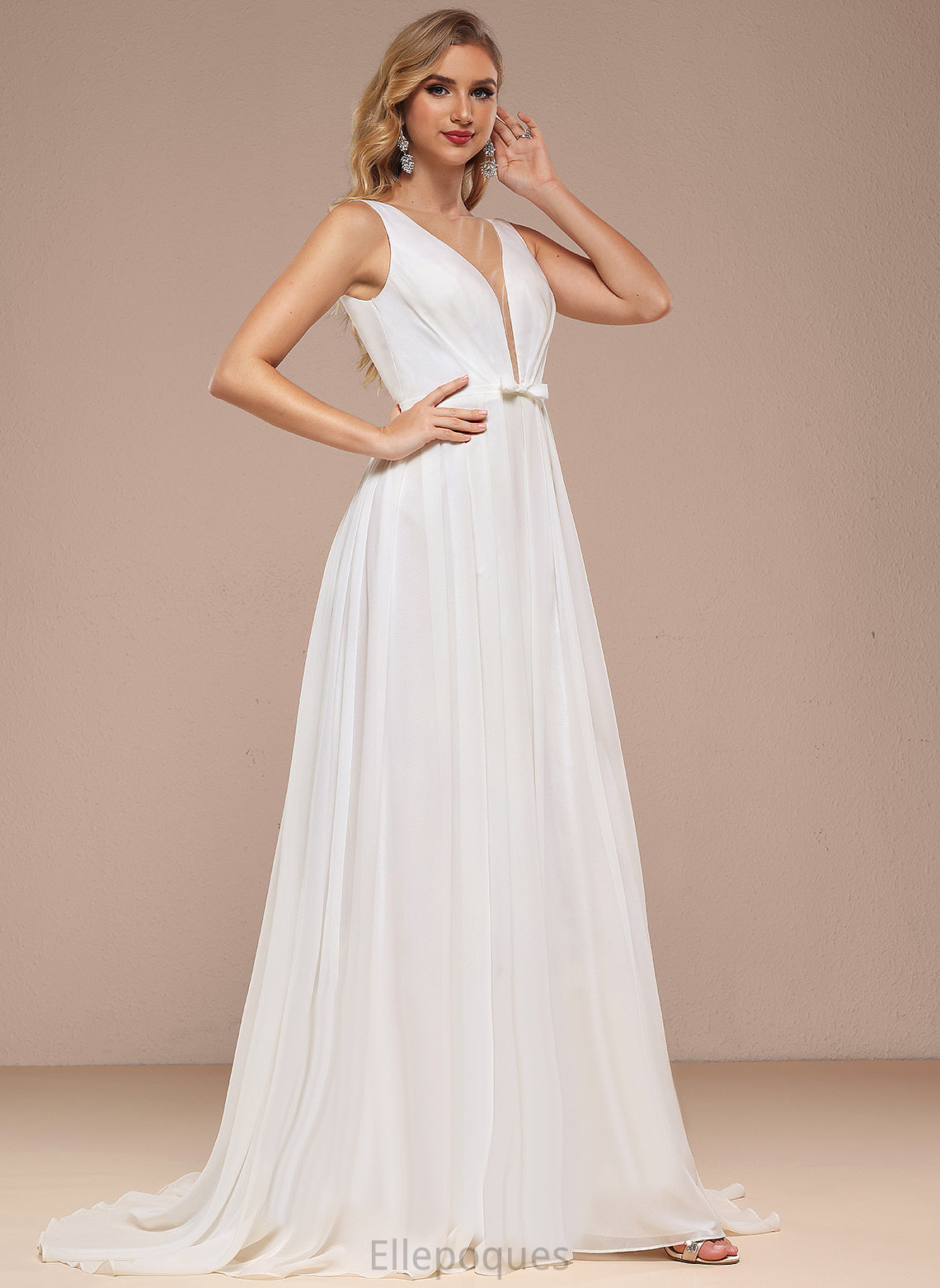 With Train Wedding V-neck Chiffon Wedding Dresses Dress Bow(s) A-Line Pat Sweep