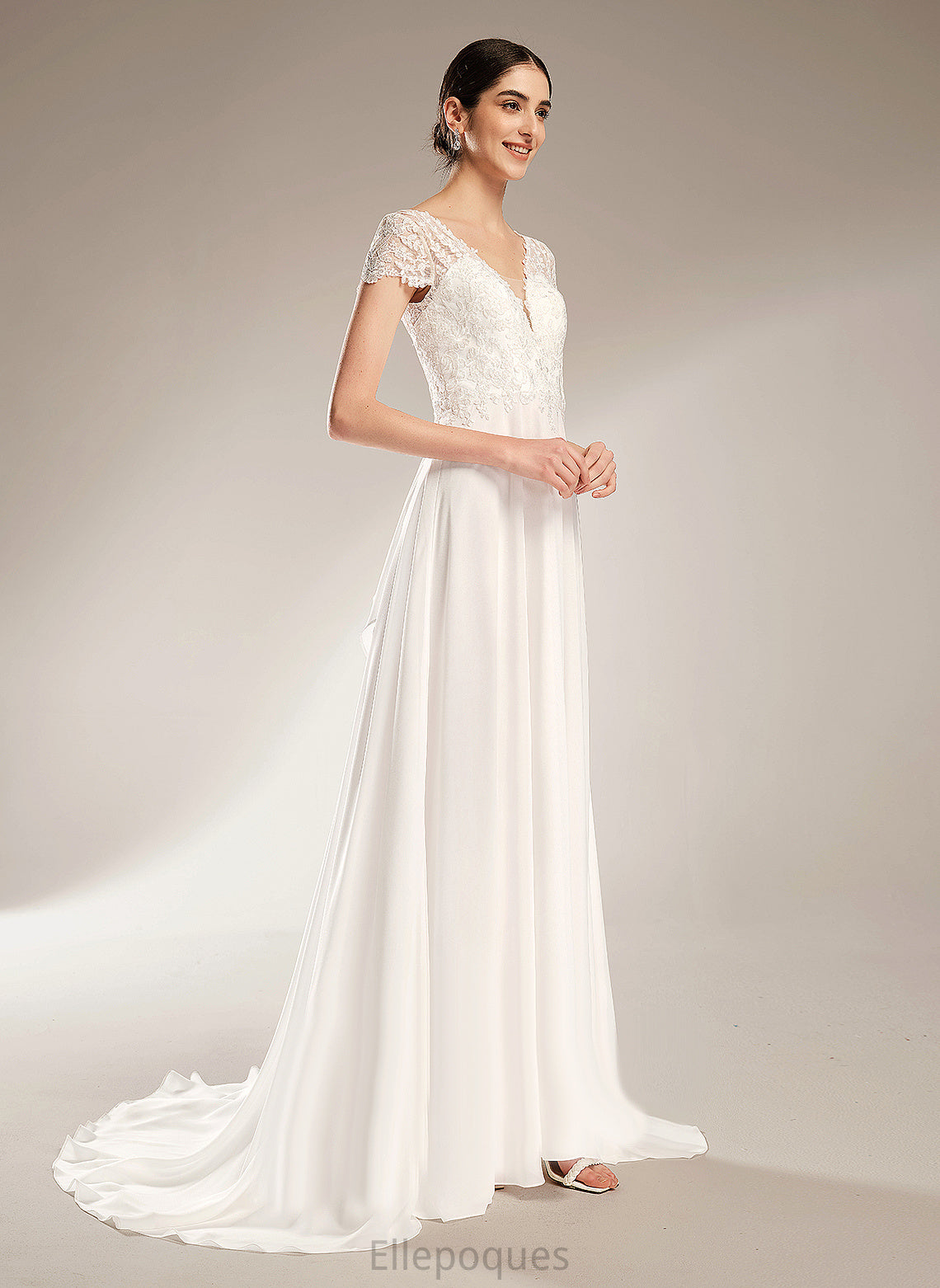 Dress With Lace A-Line Wedding Dresses Court V-neck Wedding Train Bow(s) Chiffon Caylee