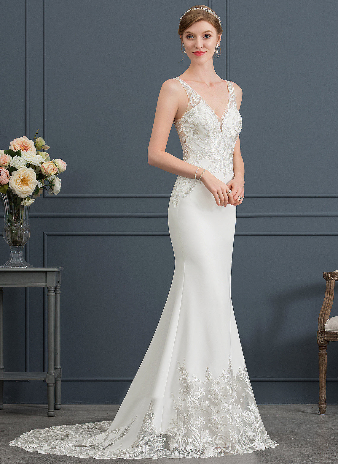 Crepe Train V-neck Lace Stretch Ashlyn Dress Court Trumpet/Mermaid Wedding Wedding Dresses