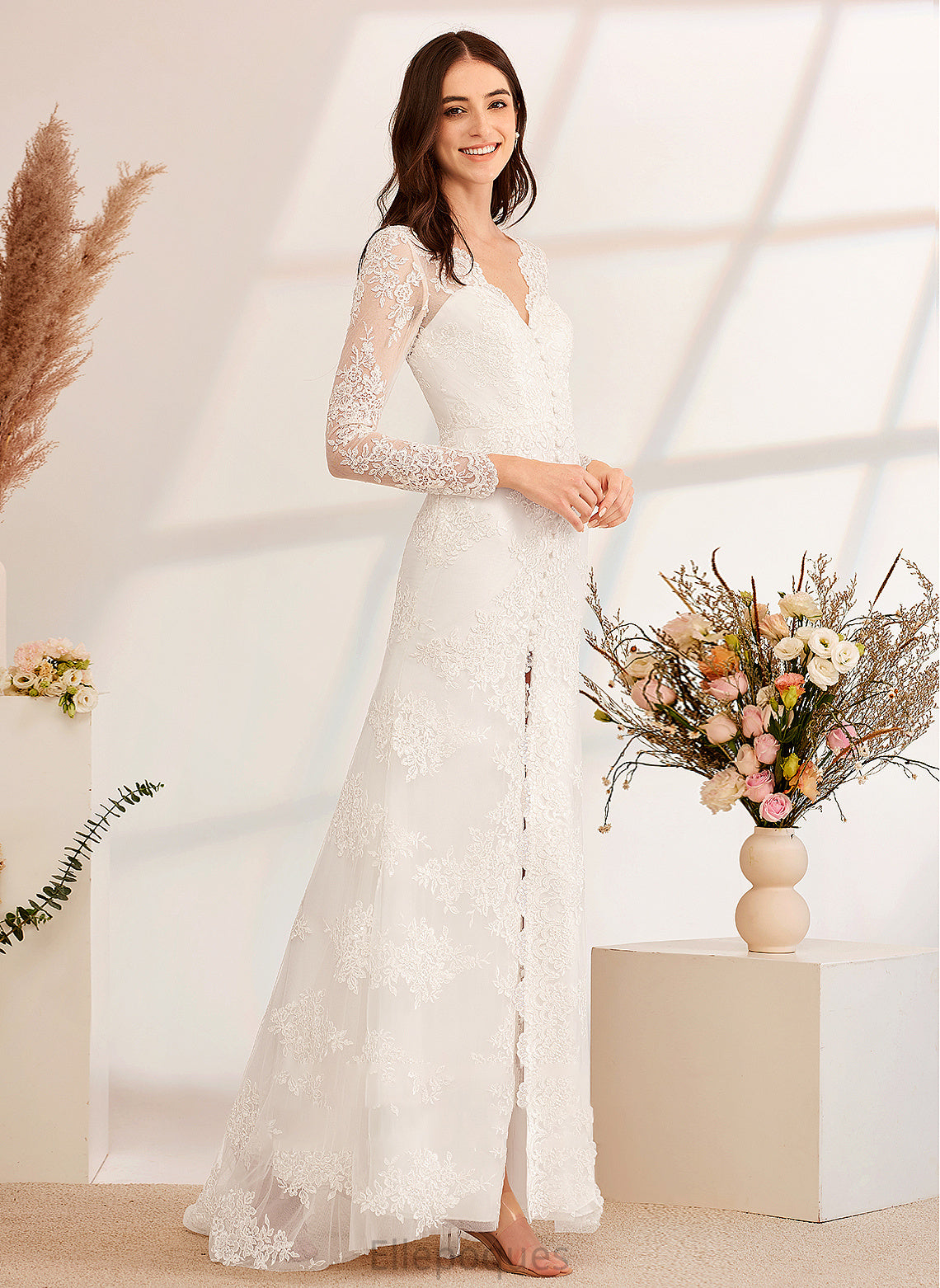 Beading Dress V-neck With A-Line Train Lizeth Front Wedding Dresses Sweep Sequins Wedding Split