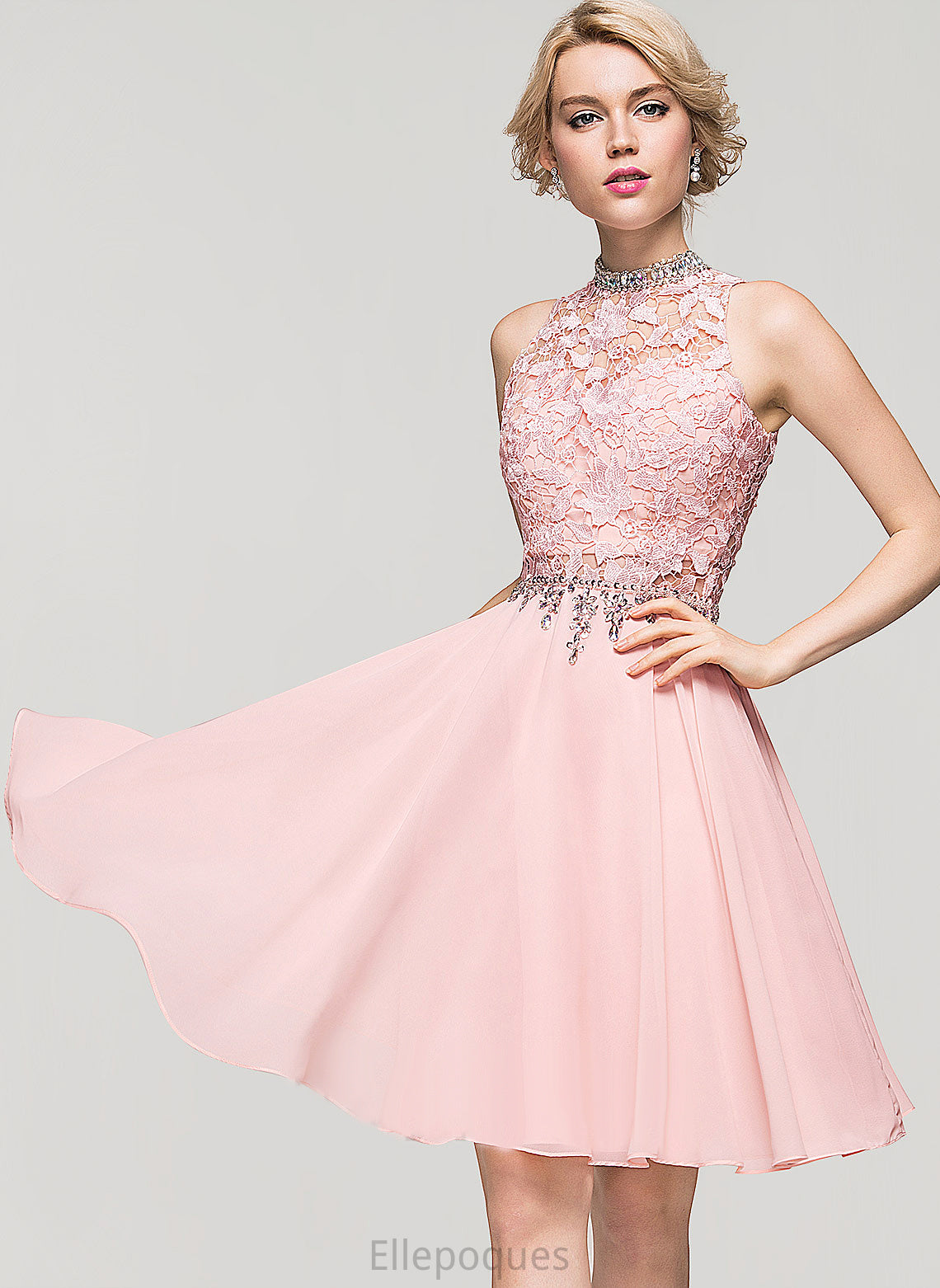 High Homecoming Dresses Chiffon With Knee-Length Beading Neck Vivian Homecoming Dress Sequins Lace A-Line